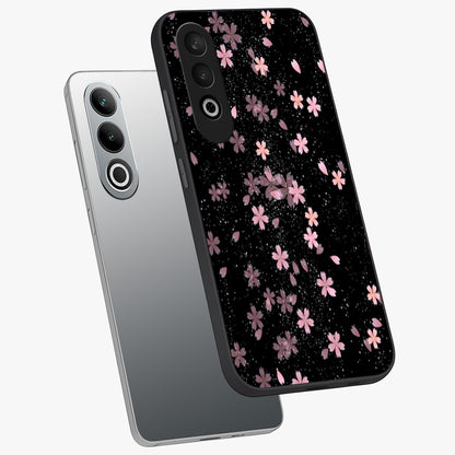 Pink Flower Black Background Glass Case for 1+Nord CE 4 angled mockup showcasing glossy finish and bold contrast tones