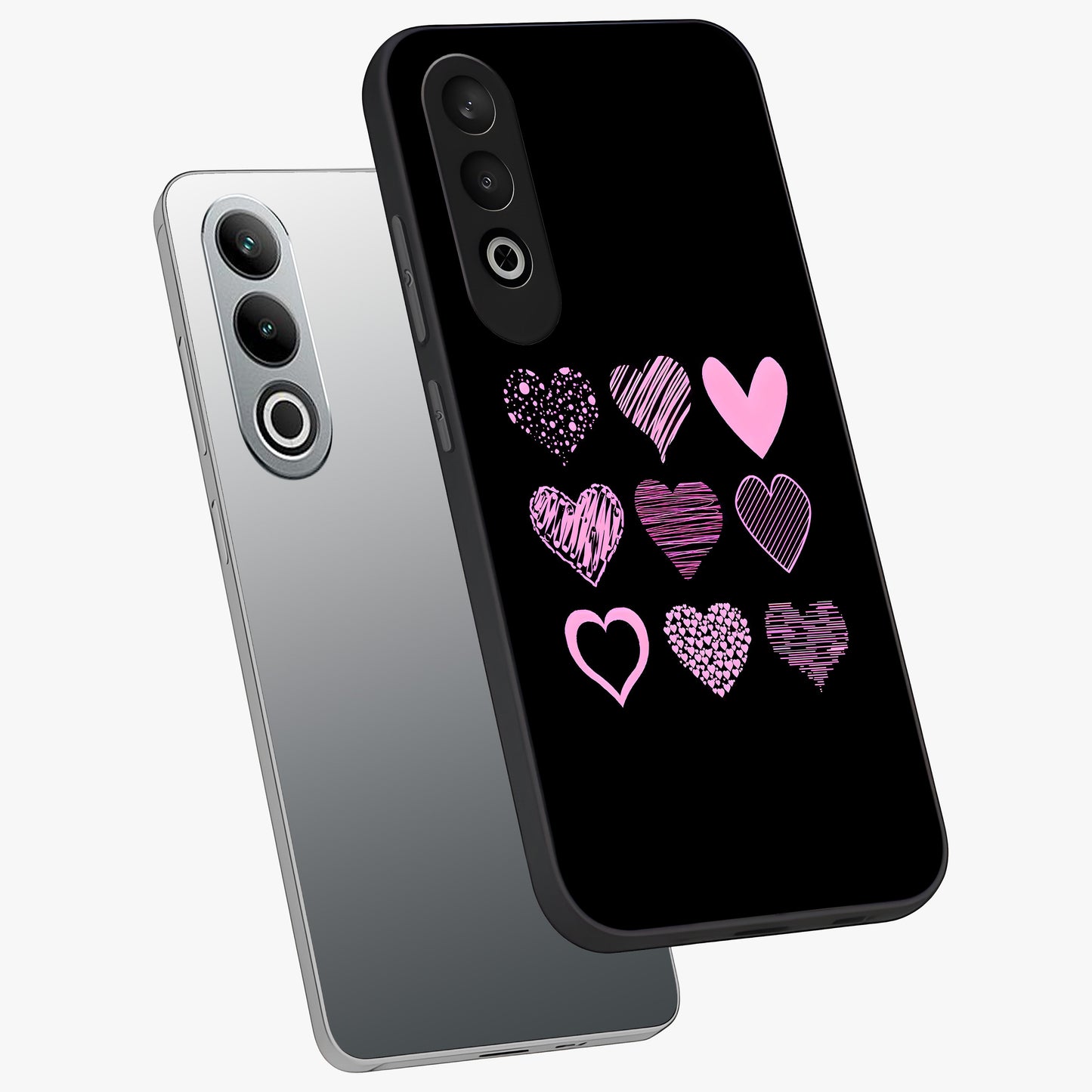 Pink Heart Aesthetic Glass Case for 1+Nord CE 4 angled mockup showcasing glossy finish and pastel romantic detailing