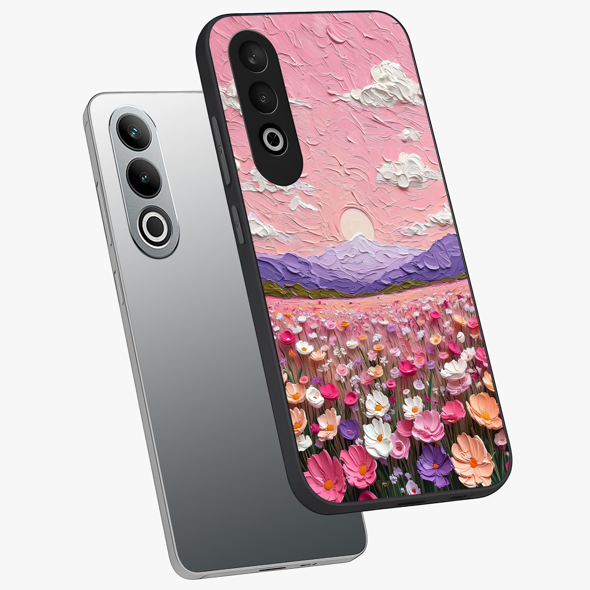 Pink Pastel Groovy Art Glass Case for 1+Nord CE 4 angled mockup showcasing glossy finish and vibrant abstract detailing