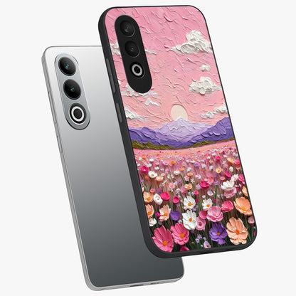 Pink Pastel Groovy Art Glass Case for 1+Nord CE 4 angled mockup showcasing glossy finish and vibrant abstract detailing