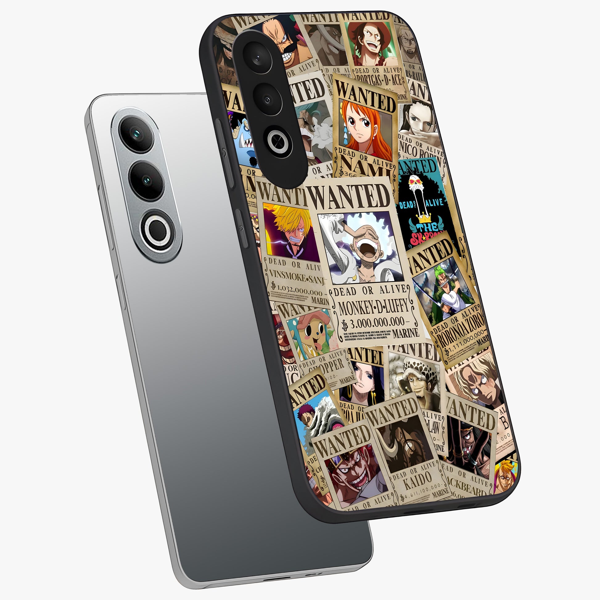 Pirate Wanted Legends Glass Case for 1+Nord CE 4 angled mockup showcasing glossy glass finish and dramatic vintage tones