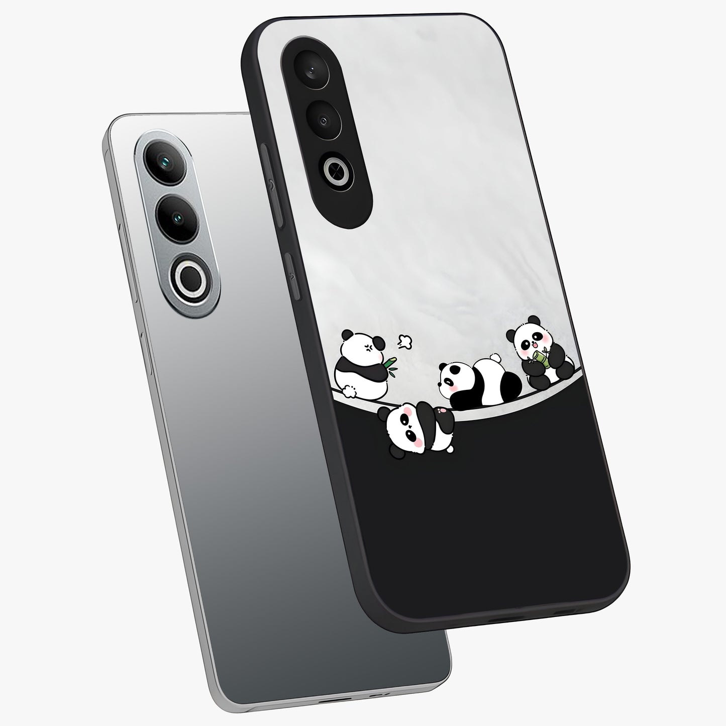 Playful Panda Parade Glass Case for 1+Nord CE 4 angled mockup showcasing glossy finish and soft pastel tones