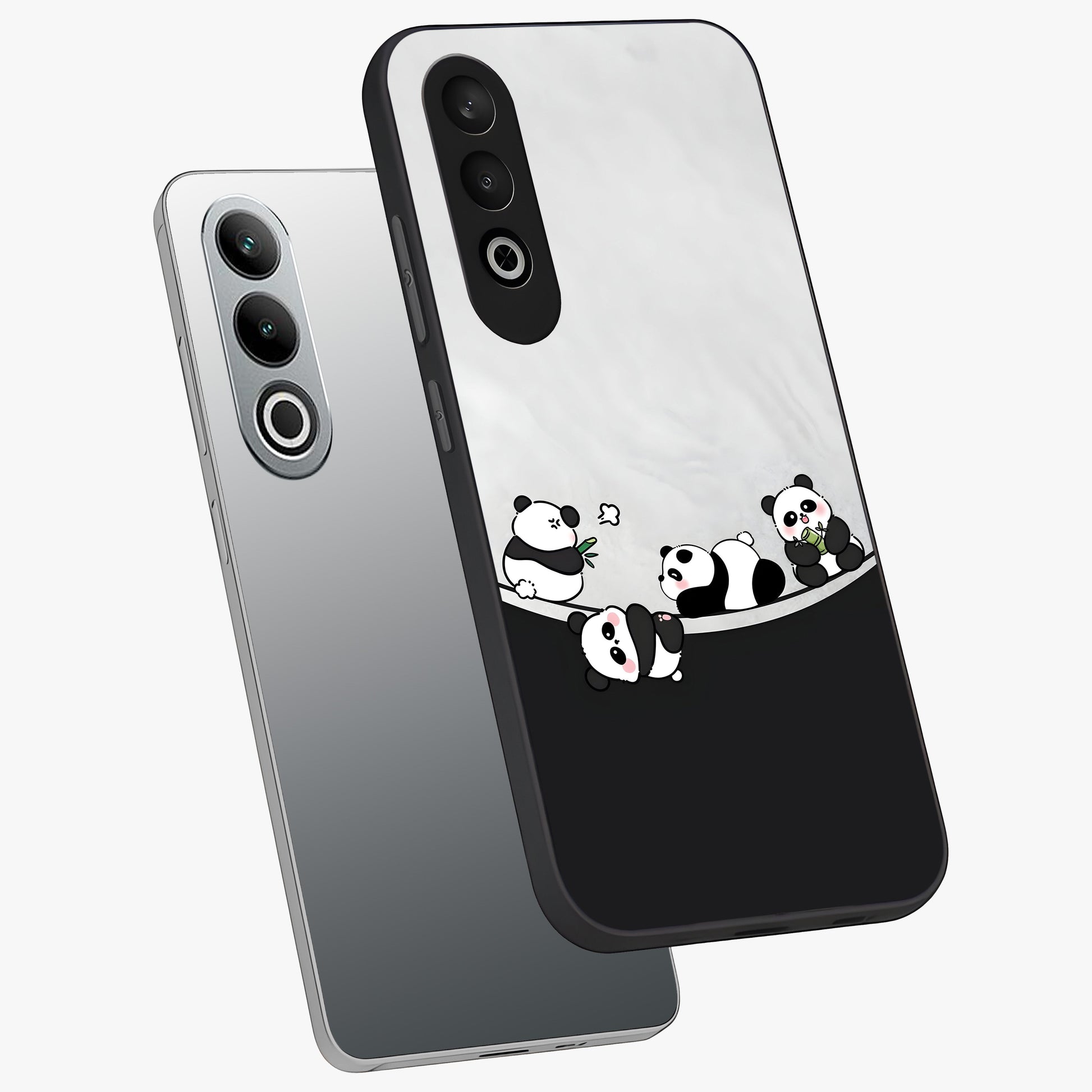 Playful Panda Parade Glass Case for 1+Nord CE 4 angled mockup showcasing glossy finish and soft pastel tones