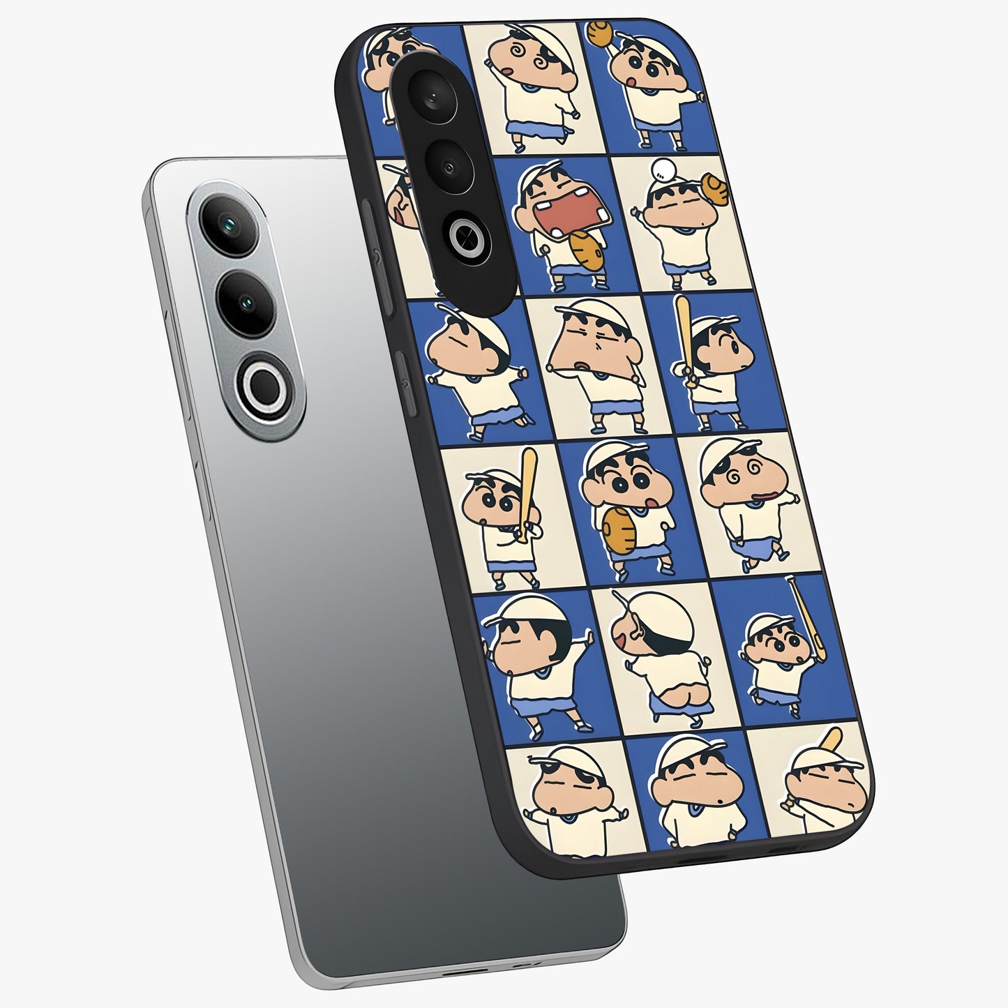 Playful Shin Swing Glass Case for 1+Nord CE 4 angled mockup showcasing glossy finish and vibrant cartoon detailing