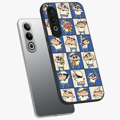 Playful Shin Swing Glass Case for 1+Nord CE 4 angled mockup showcasing glossy finish and vibrant cartoon detailing