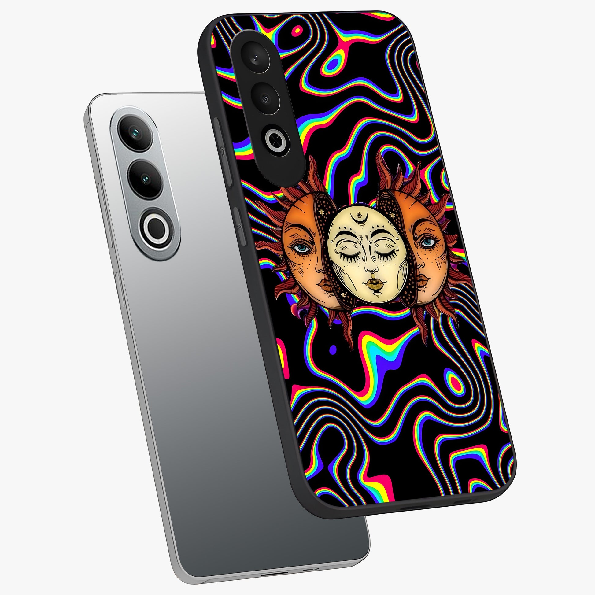 Psychedelic Sun Glass Case for 1+Nord CE 4 angled mockup showcasing glossy finish and bold abstract detailing