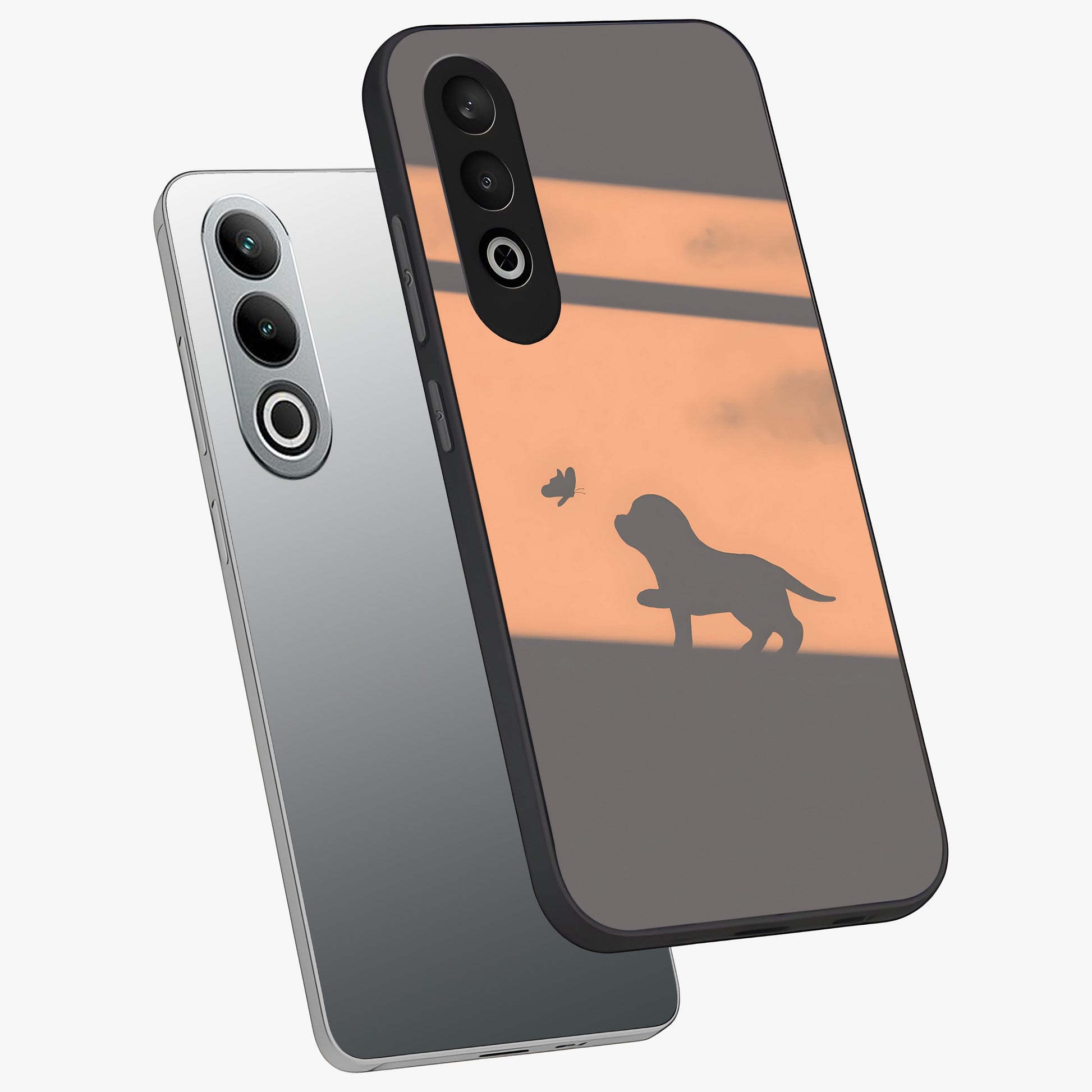 Puppy Shadow Art Glass Case for 1+Nord CE 4 angled mockup showcasing glossy finish and soft shadow detailing