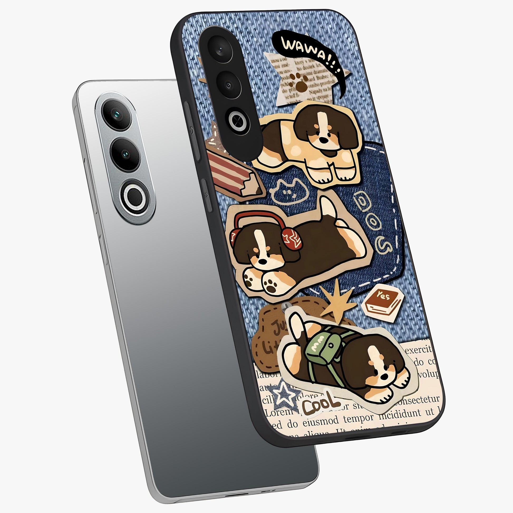 Puppy Sticker Parade Glass Case for 1+Nord CE 4 angled mockup showcasing glossy finish and colorful cartoon detailing