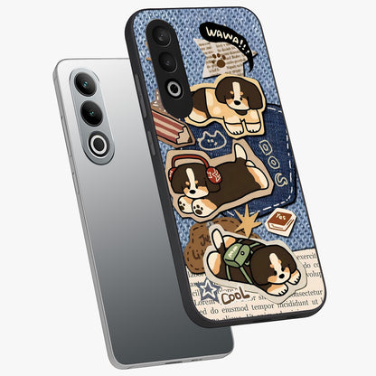 Puppy Sticker Parade Glass Case for 1+Nord CE 4 angled mockup showcasing glossy finish and colorful cartoon detailing