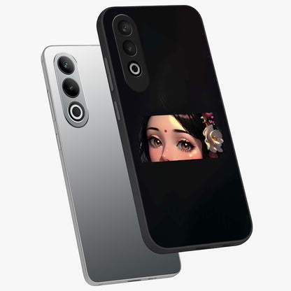 Radha Divine Embrace Glass Case for 1+Nord CE 4 angled mockup showcasing glossy glass finish and vibrant spiritual tones