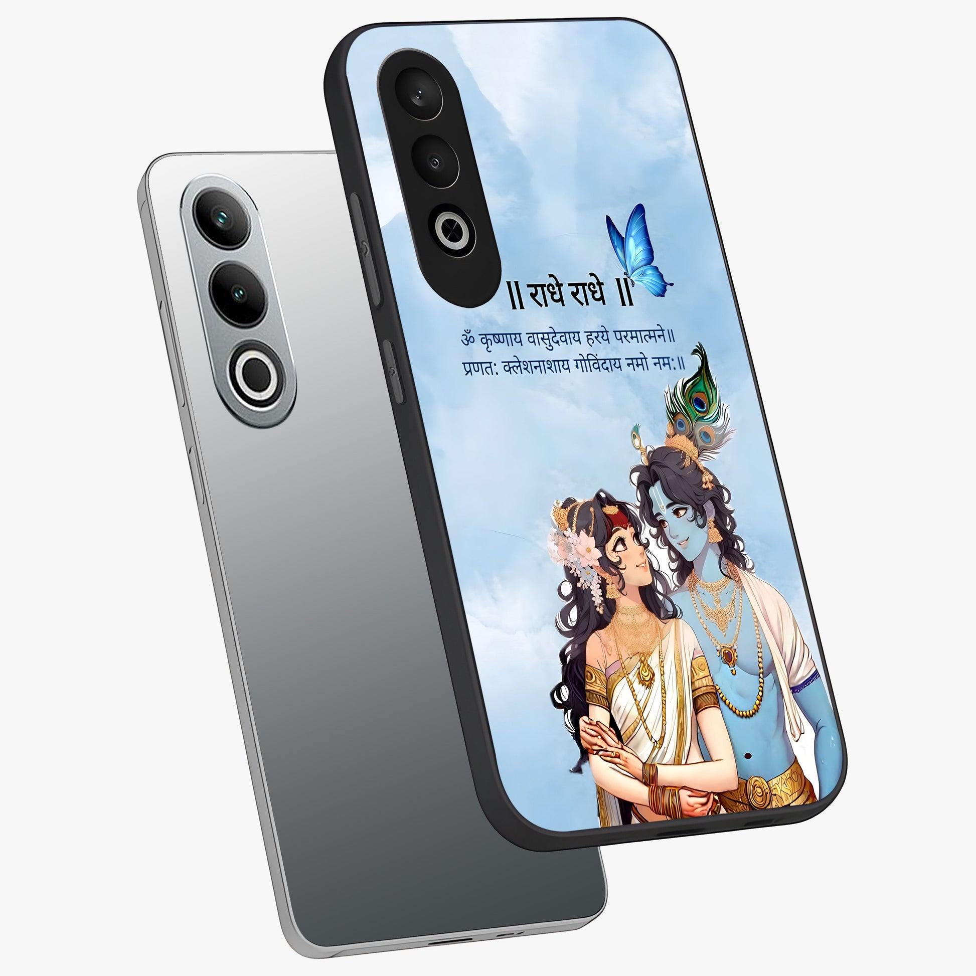 Radha Krishna Eternal Glass Case for 1+Nord CE 4 angled mockup showcasing glossy finish and rich cultural tones