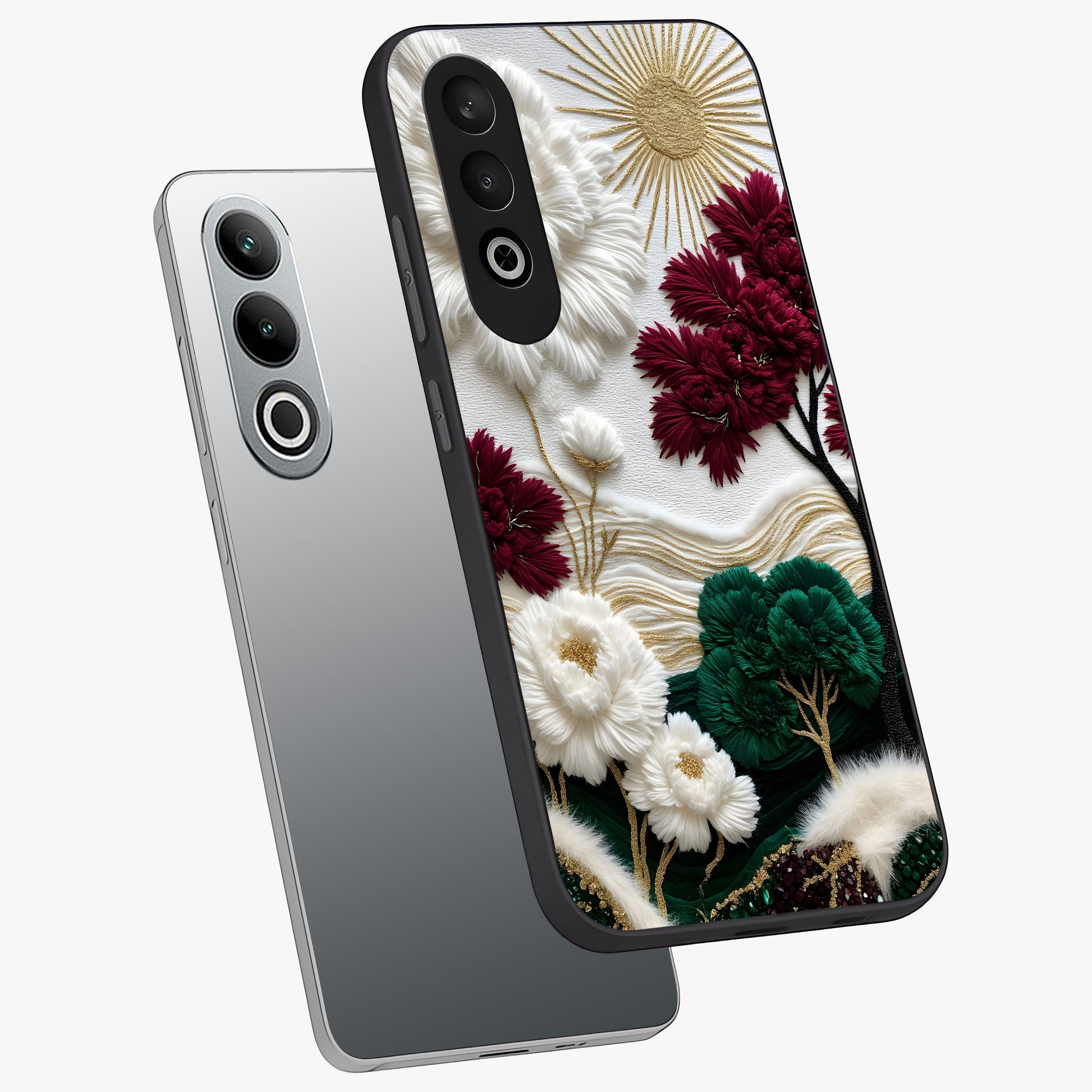 Radiant Bloom Elegance Glass Case for 1+Nord CE 4 angled mockup showcasing glossy finish and refined bloom detailing