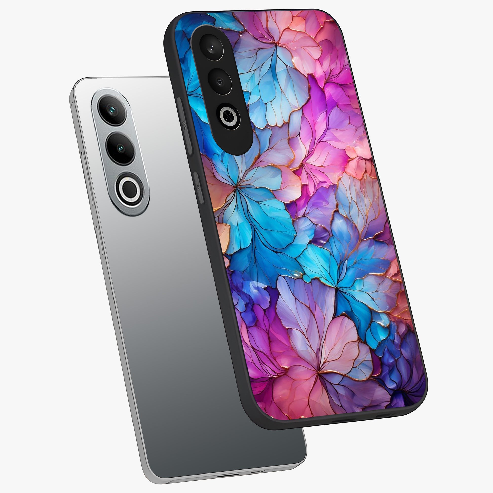 Radiant Floral Whirl Glass Case for 1+Nord CE 4 angled mockup showcasing glossy finish and dynamic bloom tones