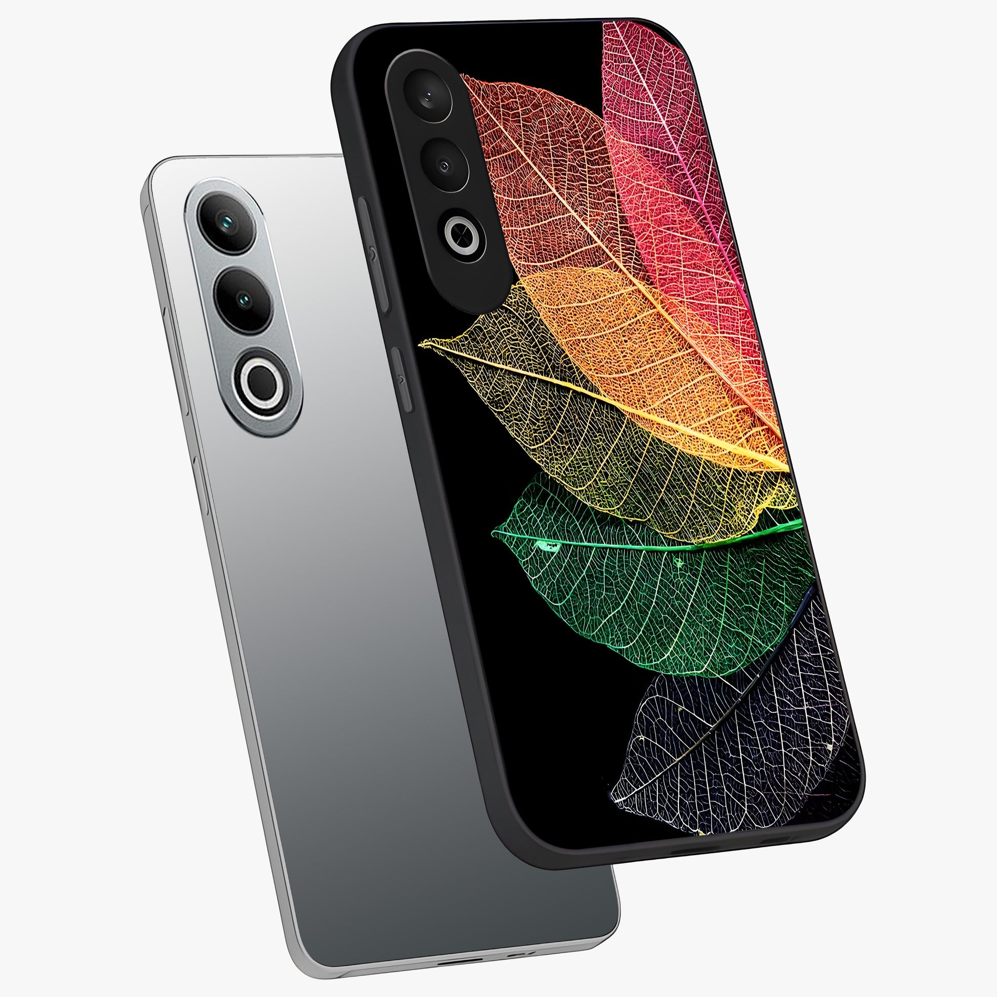Rainbow Leaf Glow Glass Case for 1+Nord CE 4 angled mockup showcasing glossy finish and radiant gradient tones