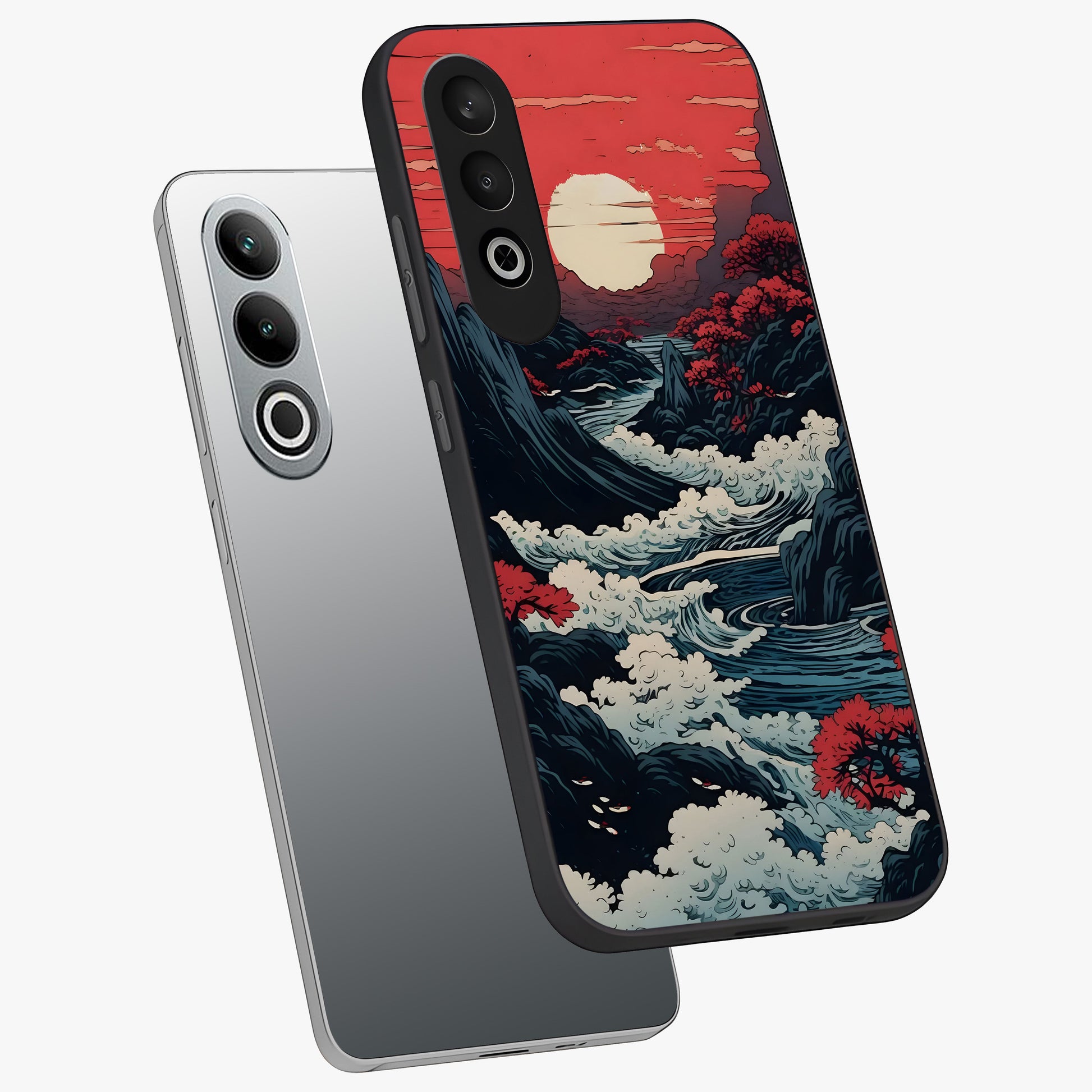 Red Sunset Scenery Glass Case for 1+Nord CE 4 angled mockup showcasing glossy finish and rich crimson tones
