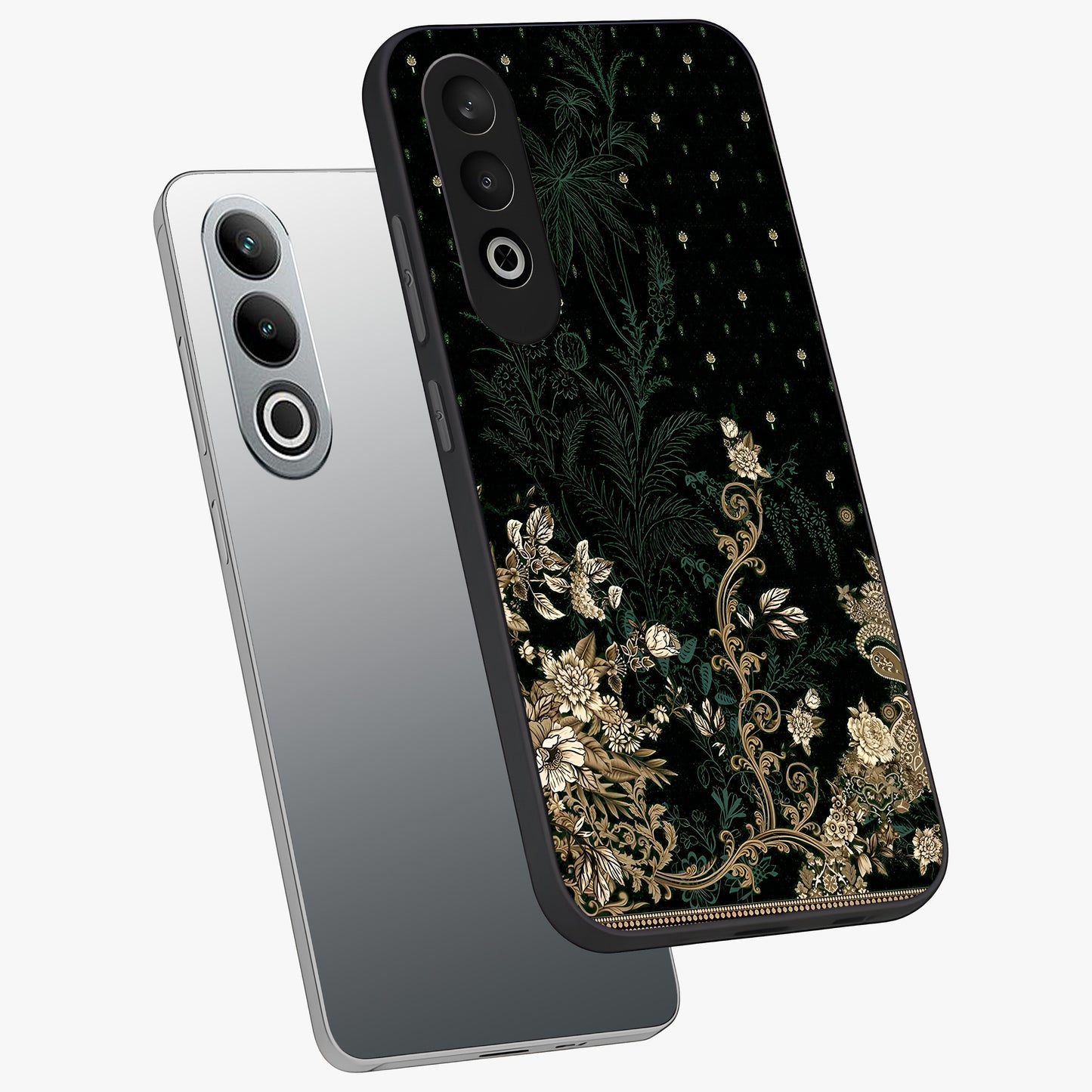 Regal Botanical Tapestry Glass Case for 1+Nord CE 4 angled mockup showcasing glossy finish and rich heritage tones