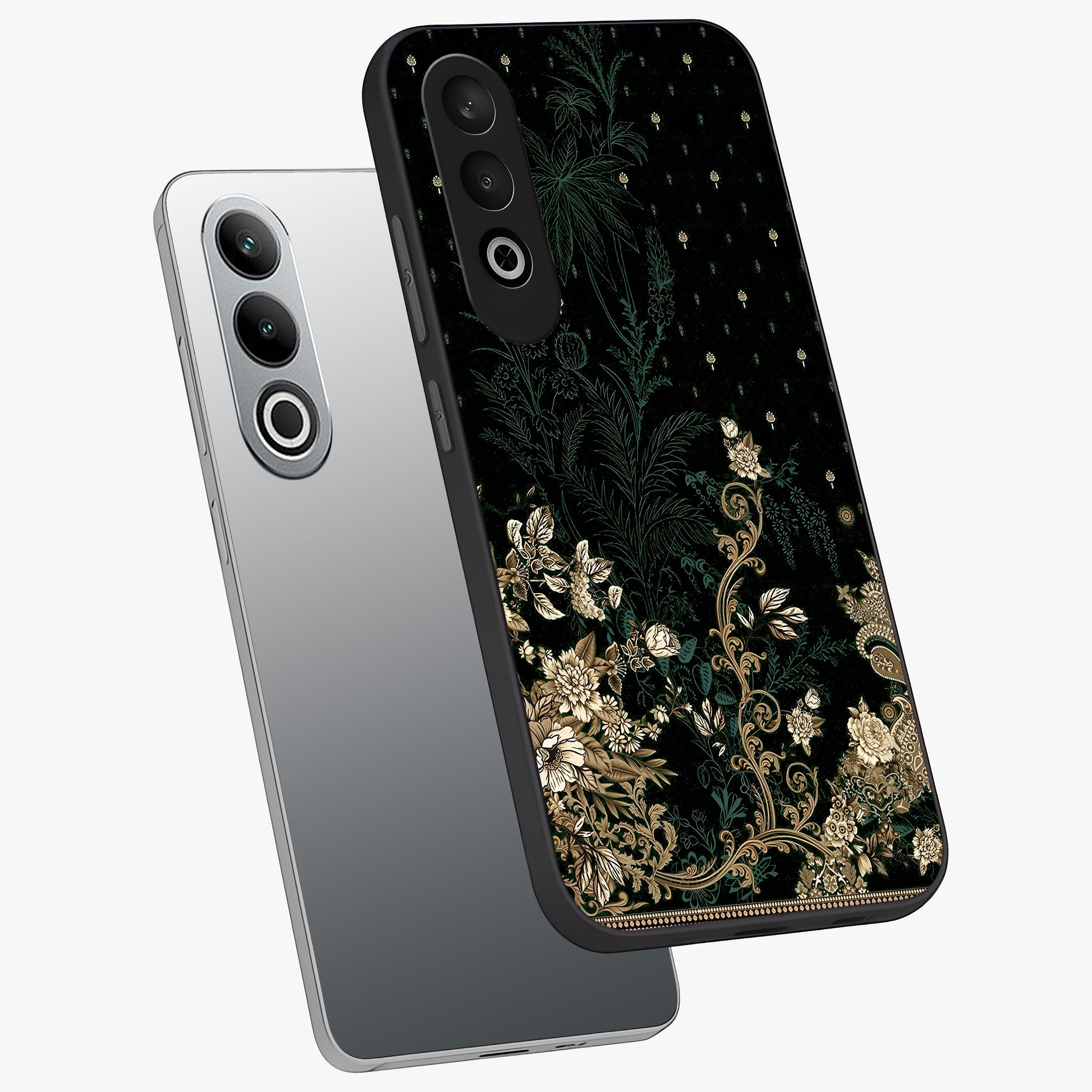 Regal Botanical Tapestry Glass Case for 1+Nord CE 4 angled mockup showcasing glossy finish and rich heritage tones
