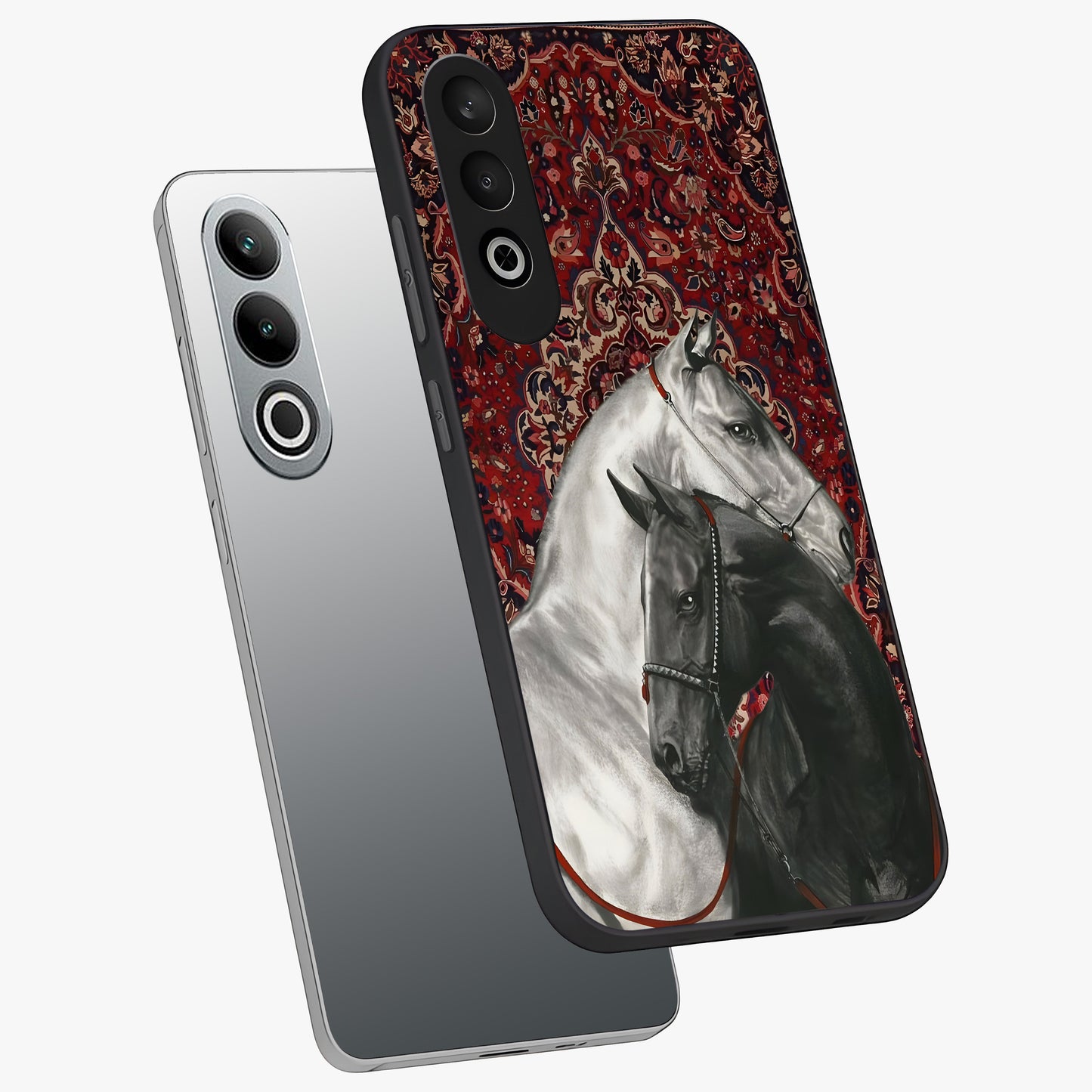 Regal Stallion Tapestry Glass Case for 1+Nord CE 4 angled mockup showcasing glossy finish and rich ornamental tones