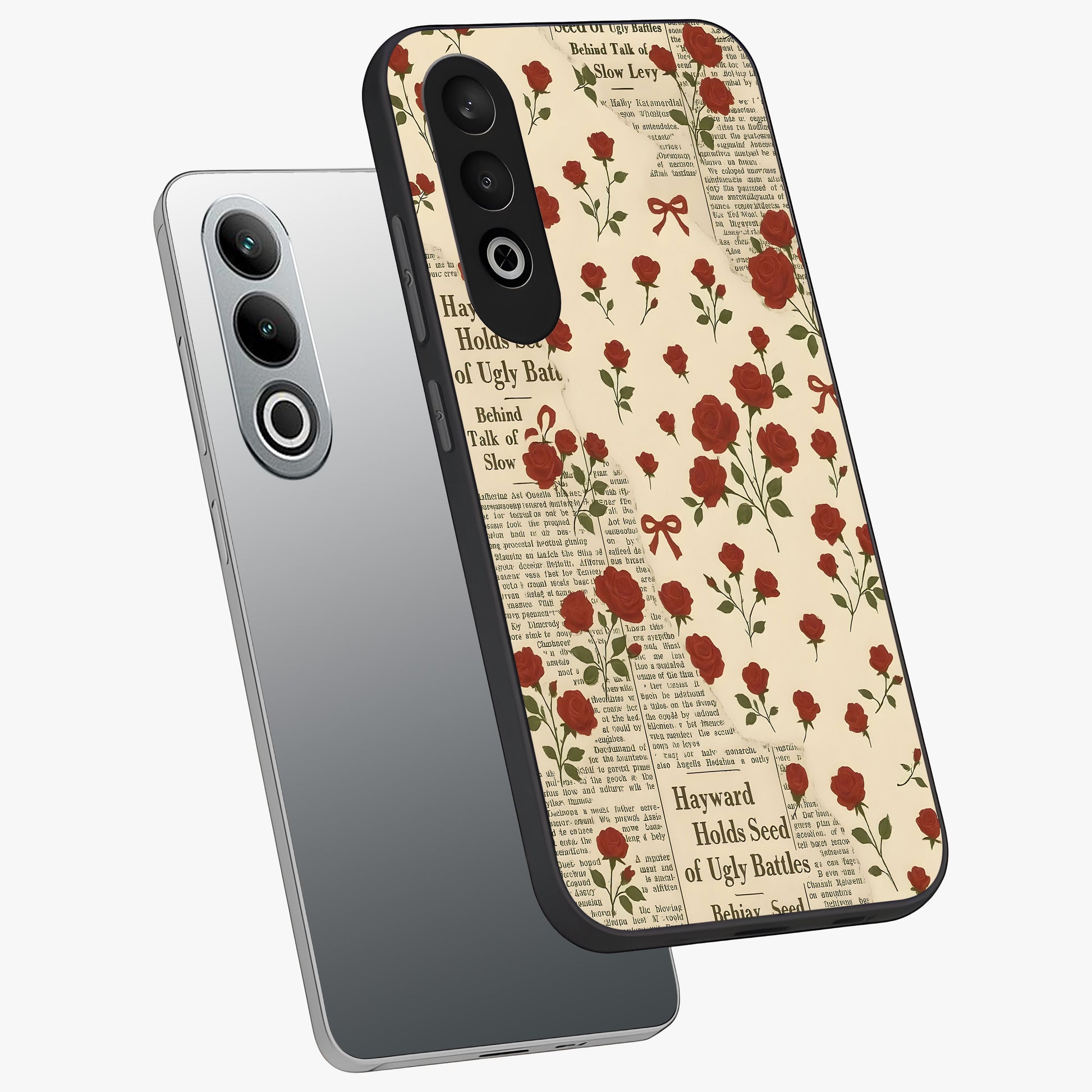 Retro Rose Journal Glass Case for 1+Nord CE 4 angled mockup showcasing glossy finish and soft romantic tones
