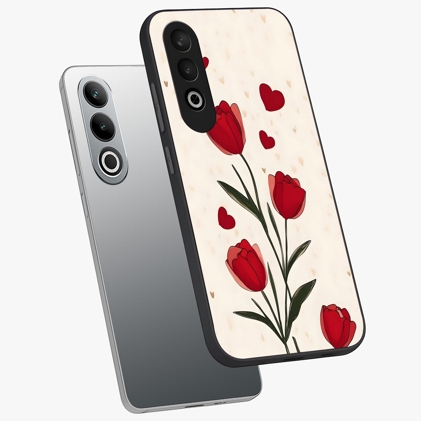 Romantic Tulip Hearts Glass Case for 1+Nord CE 4 angled mockup showcasing glossy glass finish and soft romantic tones
