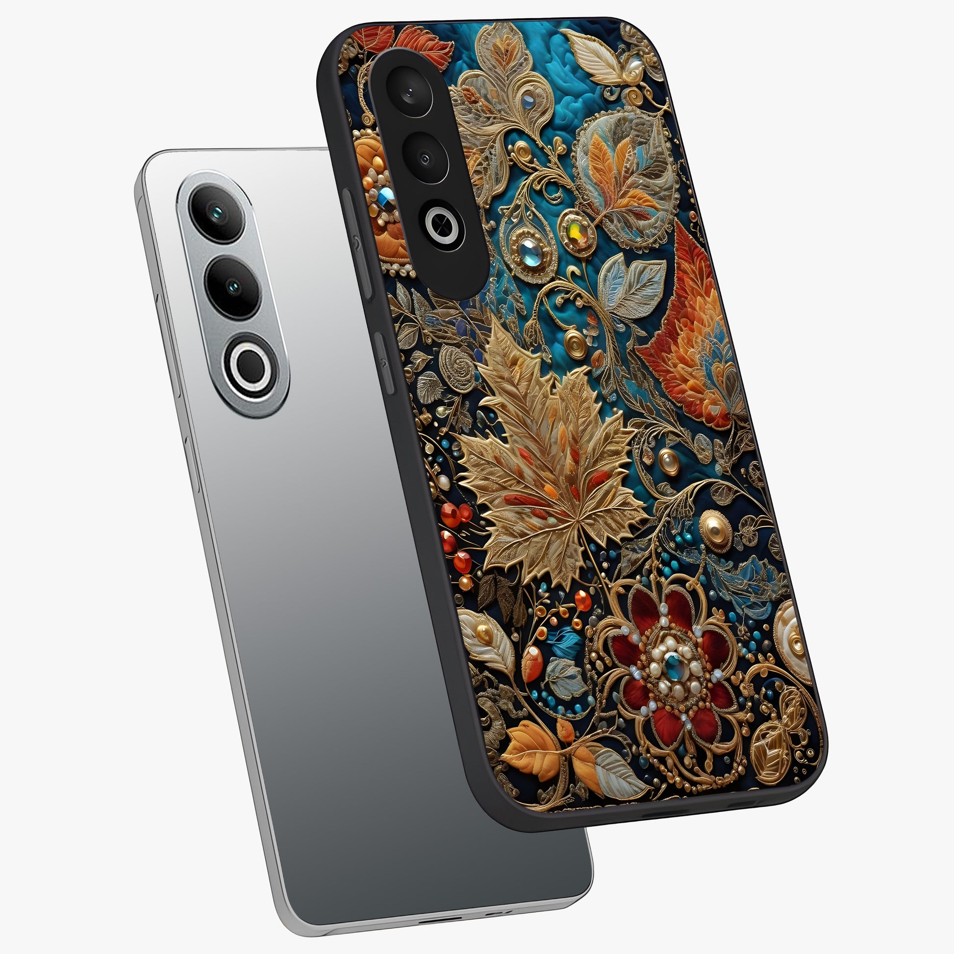 Royal Jewel Garden Glass Case for 1+Nord CE 4 angled mockup showcasing glossy finish and rich vibrant tones
