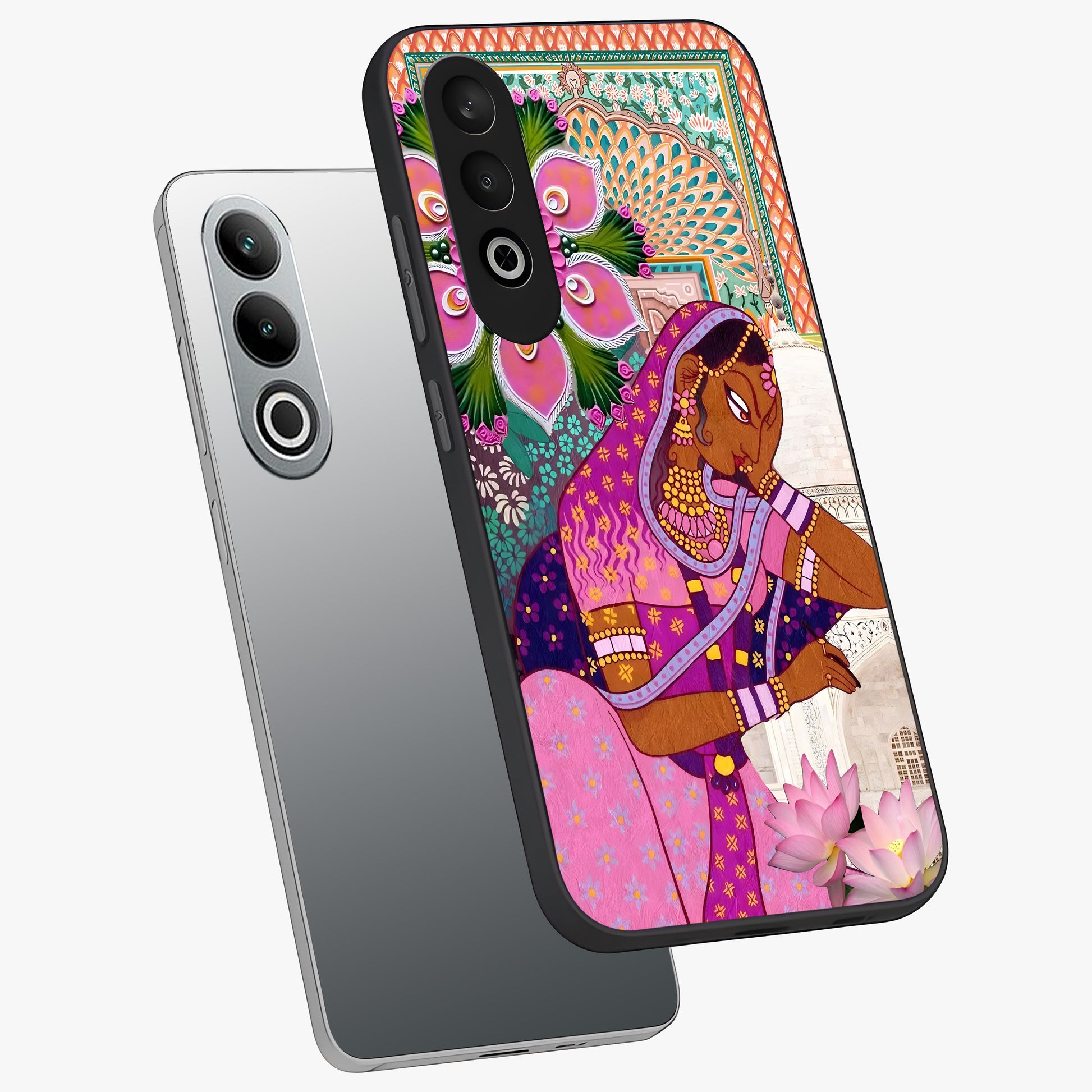 Royal Lotus Muse Glass Case for 1+Nord CE 4 angled mockup showcasing glossy finish and refined floral tones