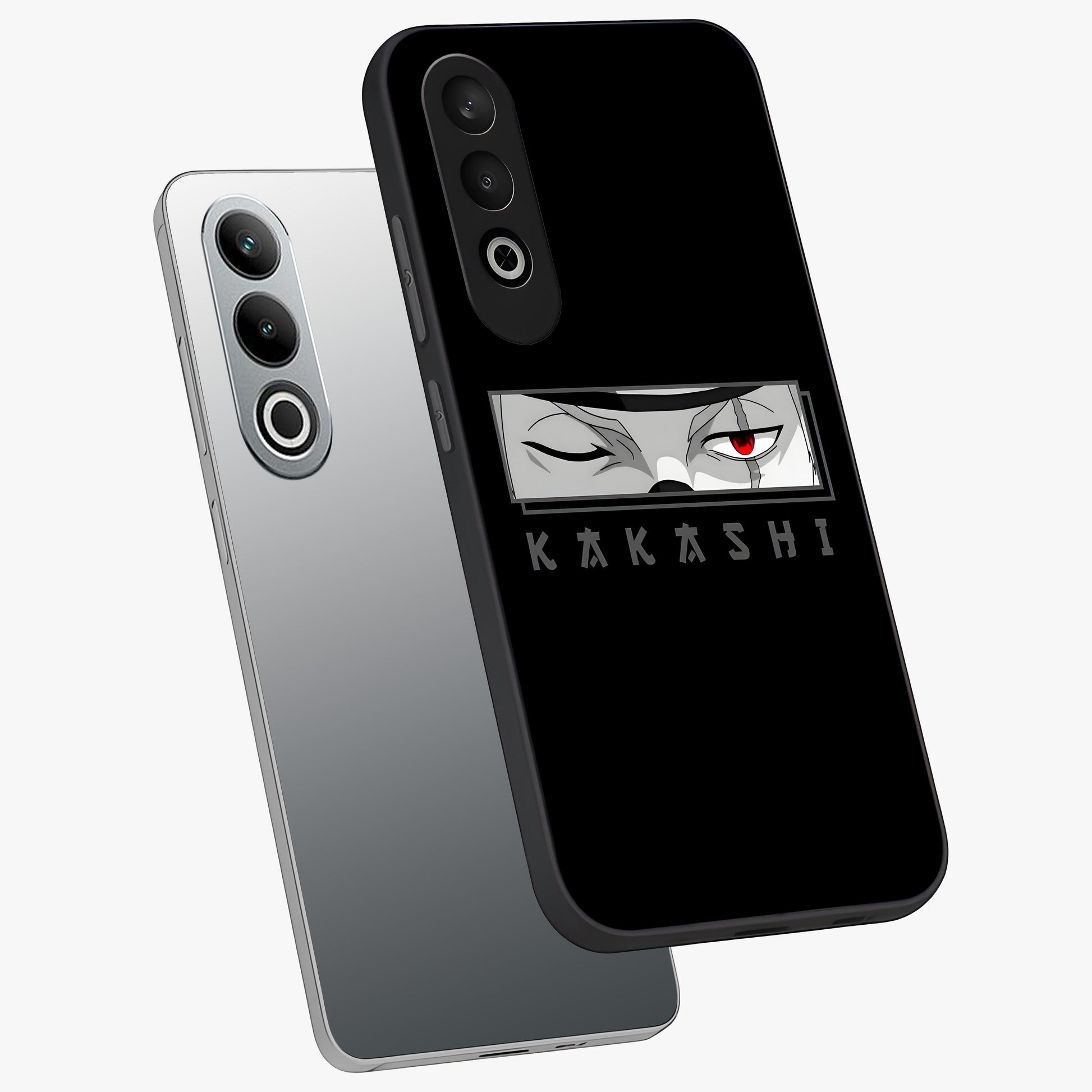 Scarlet Ninja Gaze Glass Case for 1+Nord CE 4 angled mockup showcasing glossy finish and sharp warrior detailing