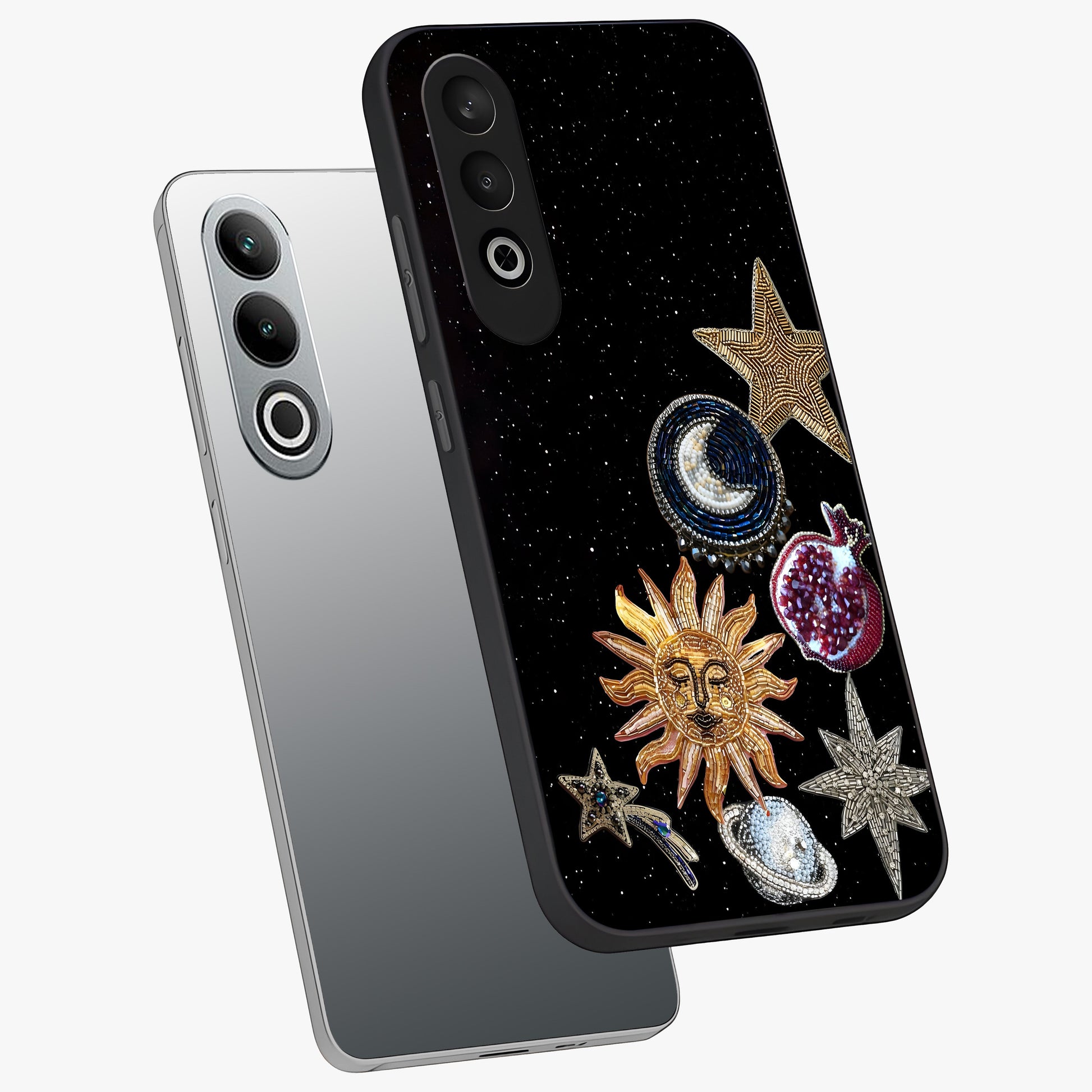 Scarlet Sky Flight Glass Case for 1+Nord CE 4 angled mockup showcasing glossy glass finish and vibrant sunset gradients