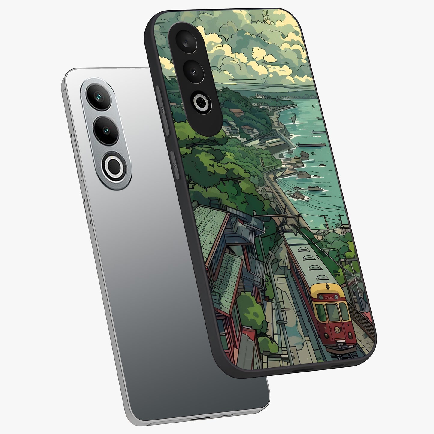 Seaside Train Ride Glass Case for 1+Nord CE 4 angled mockup showcasing glossy finish and calming ocean gradients
