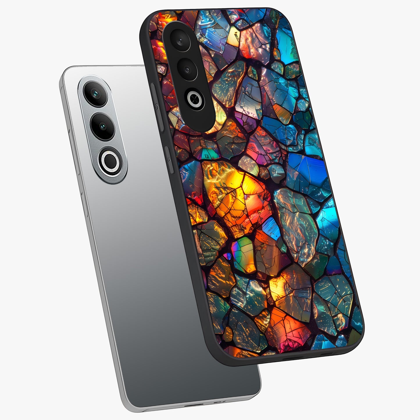 Shattered Light Glass Case for 1+Nord CE 4 angled mockup showcasing glossy finish and high contrast detailing
