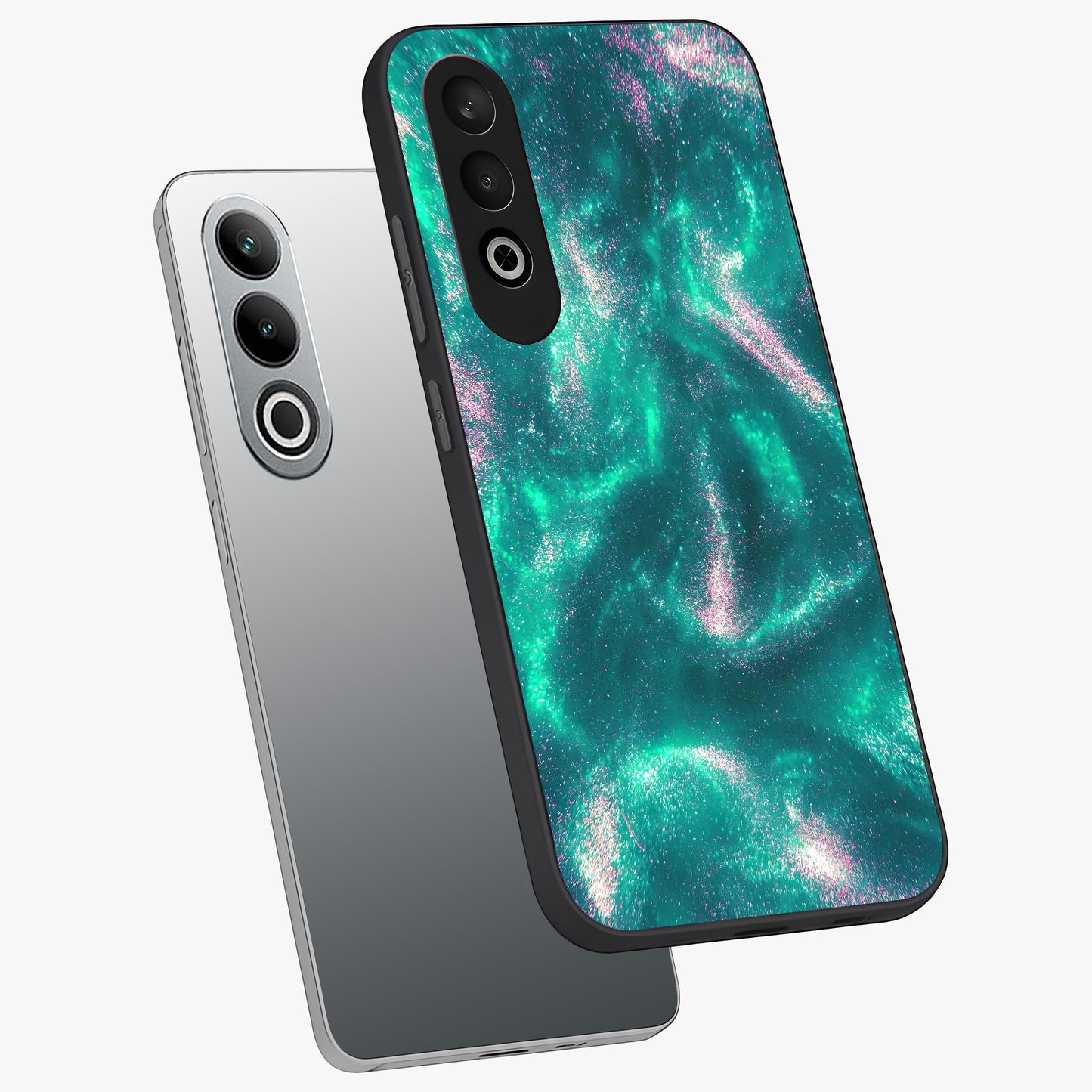 Shimmering Nebula Waves Glass Case for 1+Nord CE 4 angled mockup showcasing glossy finish and deep space gradients