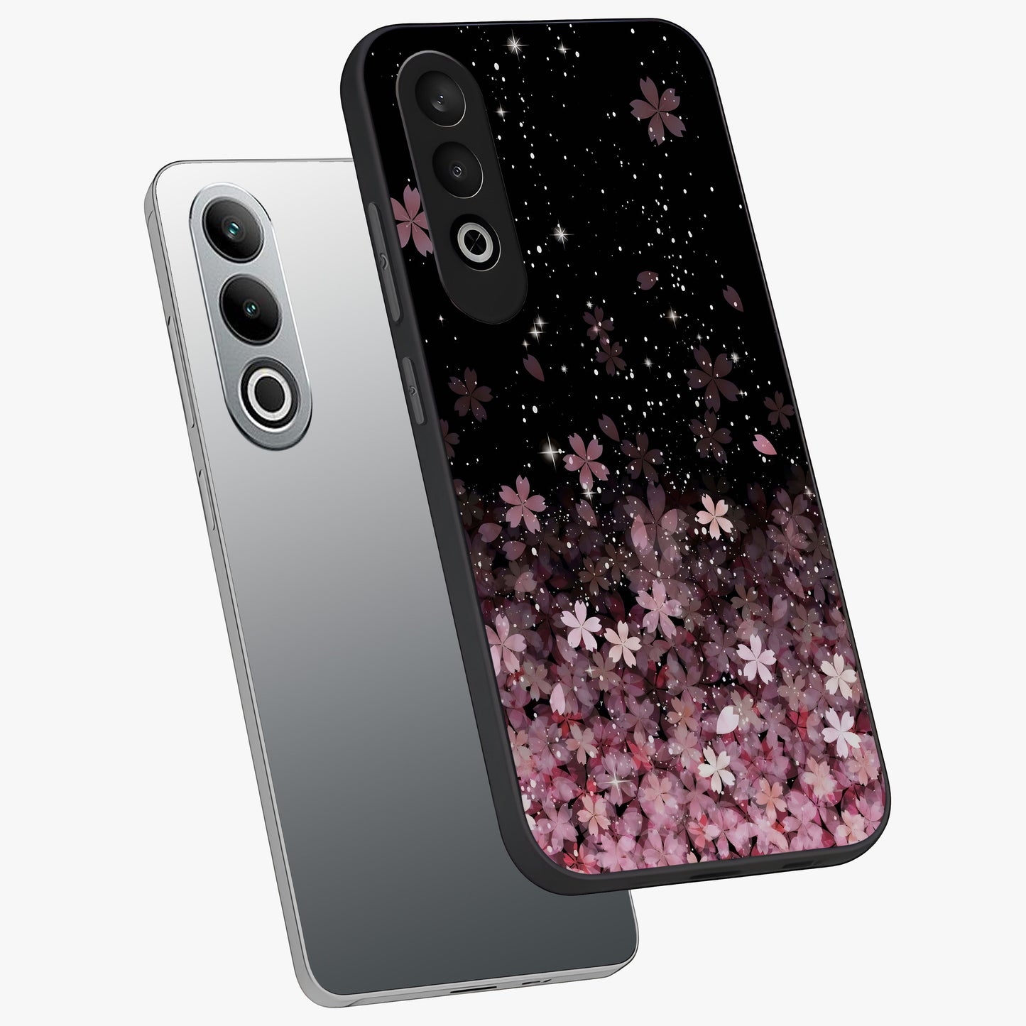 Small Starry Flowers Glass Case for 1+Nord CE 4 angled mockup showcasing glossy finish and soft pastel tones