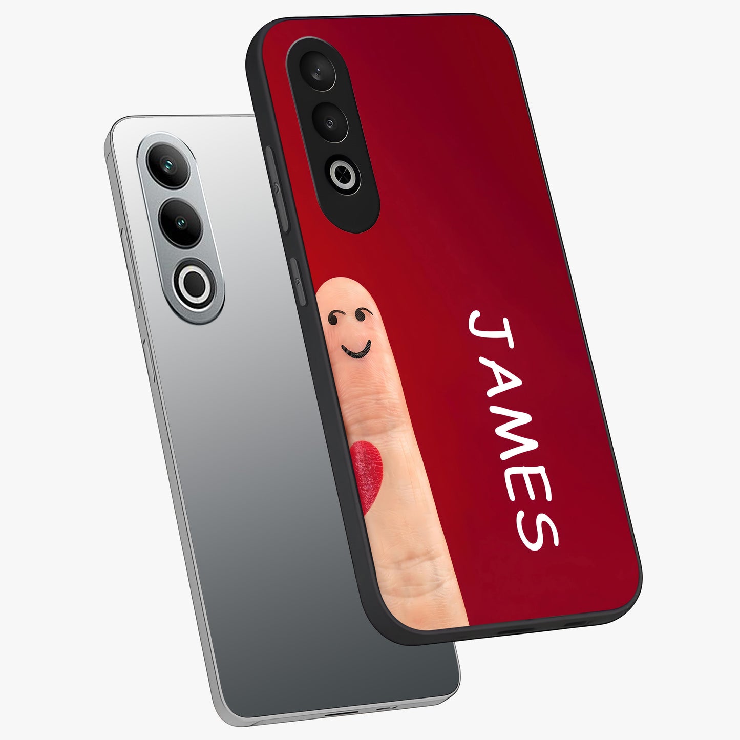 Smiling Heart Bond Glass Case for 1+Nord CE 4 angled mockup showcasing glossy finish and cheerful detailing