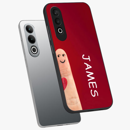 Smiling Heart Bond Glass Case for 1+Nord CE 4 angled mockup showcasing glossy finish and cheerful detailing