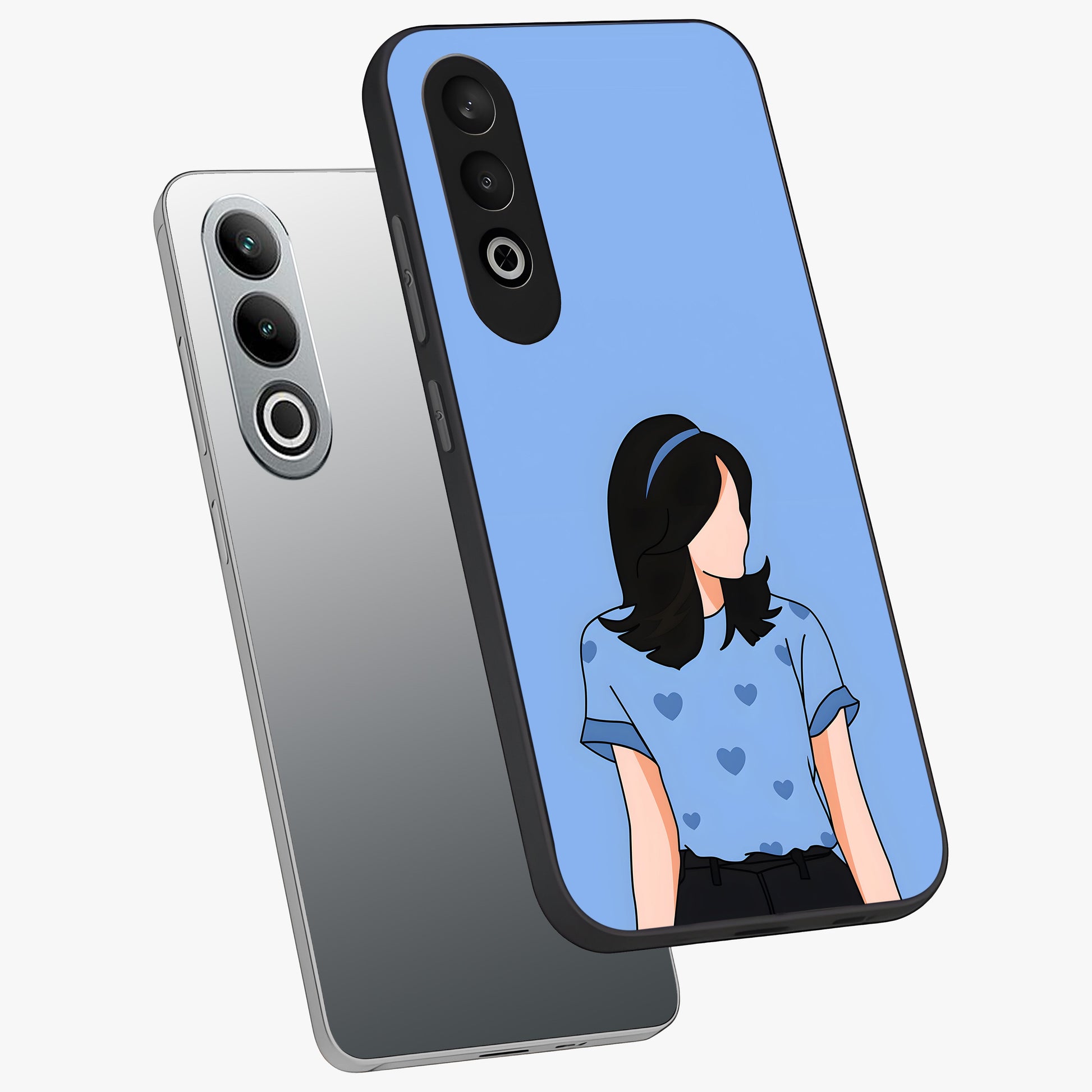 Soft Hearts Girl Glass Case for 1+Nord Ce 4 angled mockup showcasing glossy finish and pastel romantic tones