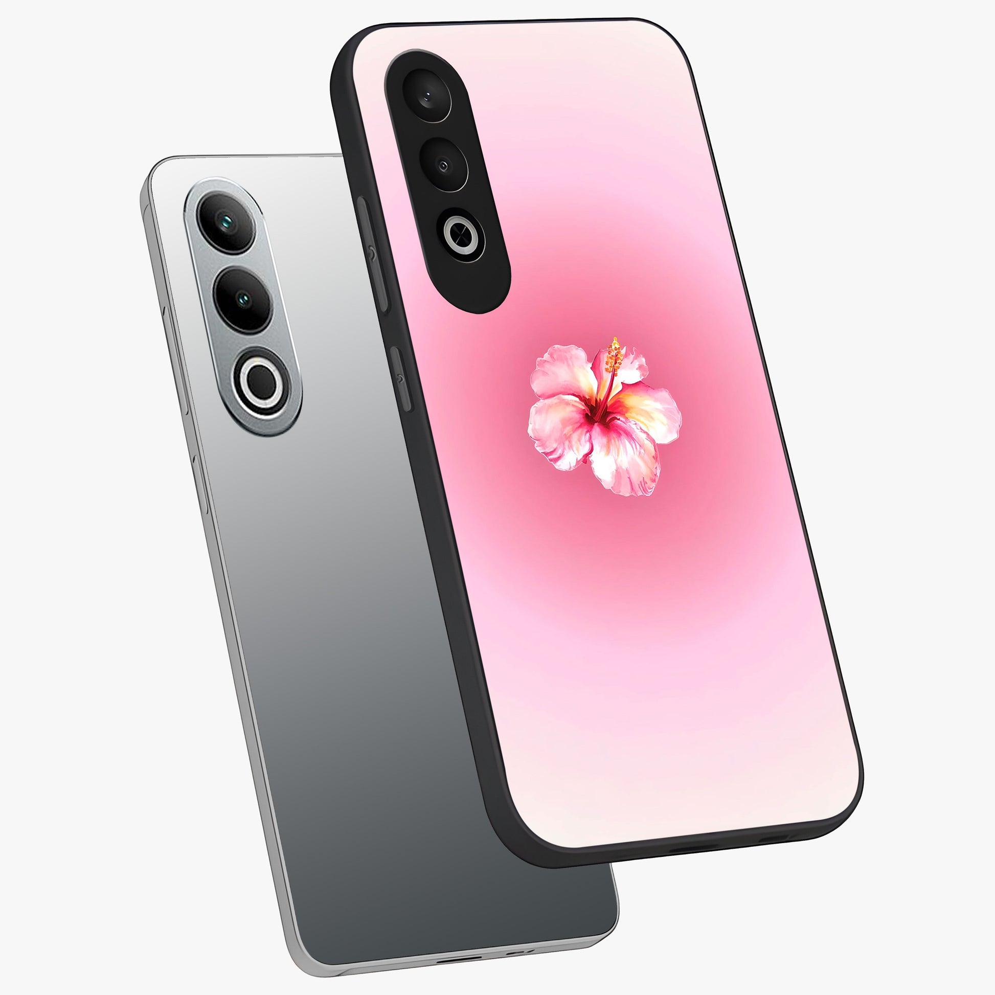 Soft Petal Serenity Glass Case for 1+Nord CE 4 angled mockup showcasing glossy finish and calming bloom detailing