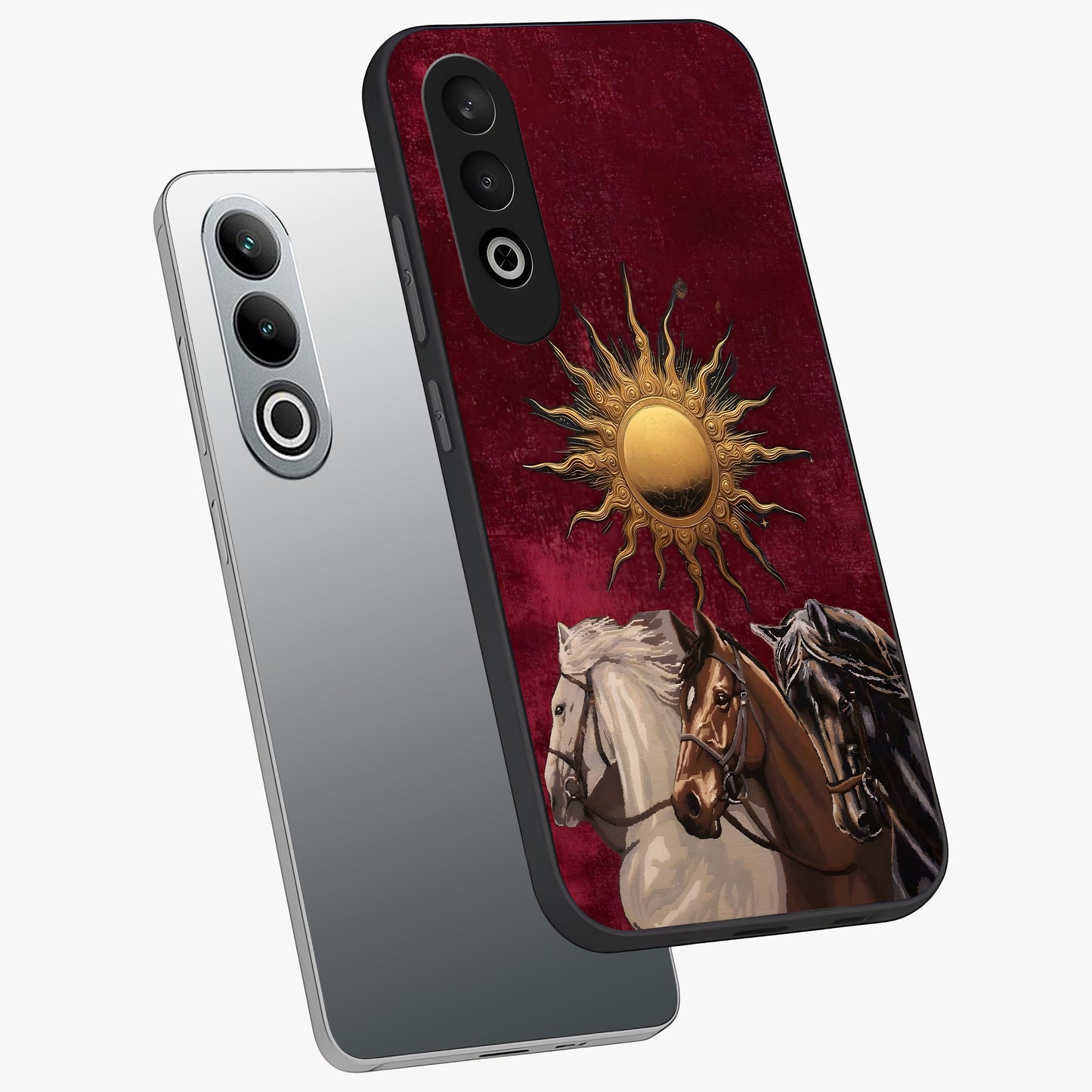 Solar Riders Glass Case for 1+Nord CE 4 angled mockup showcasing glossy finish and vibrant sunset gradients