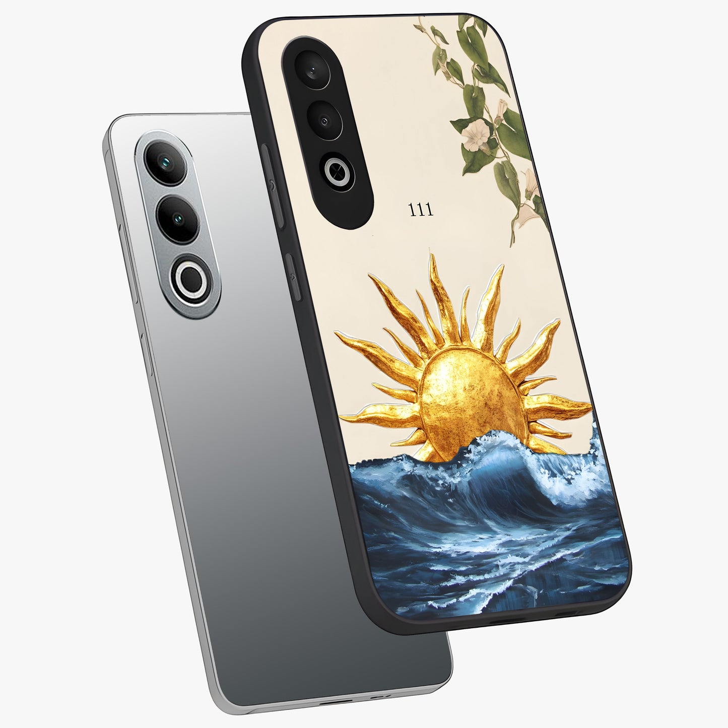 Solar Wave Bloom Glass Case for 1+Nord CE 4 angled mockup showcasing glossy finish and warm luminous tones