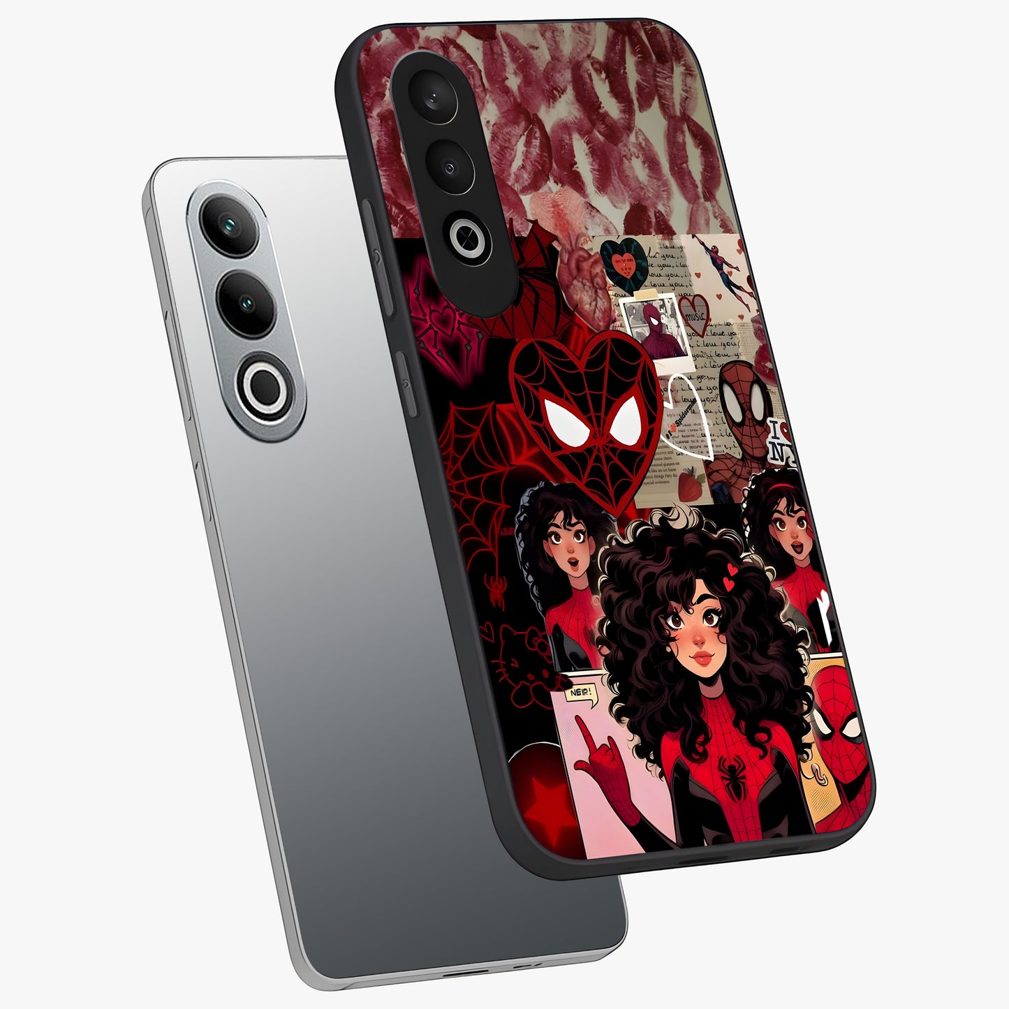 Spider Love Story Glass Case for 1+Nord CE 4 angled mockup showcasing glossy finish and vibrant comic style detailing