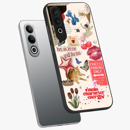 Spill the Tea Retro Collage Glass Case for 1+Nord CE 4 angled mockup showcasing glossy finish and bold retro detailing