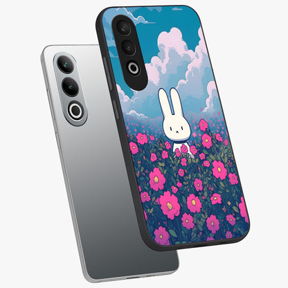 Springtime Blossom Bunny Glass Case for 1+Nord CE 4 angled mockup showcasing glossy finish and soft pastel tones