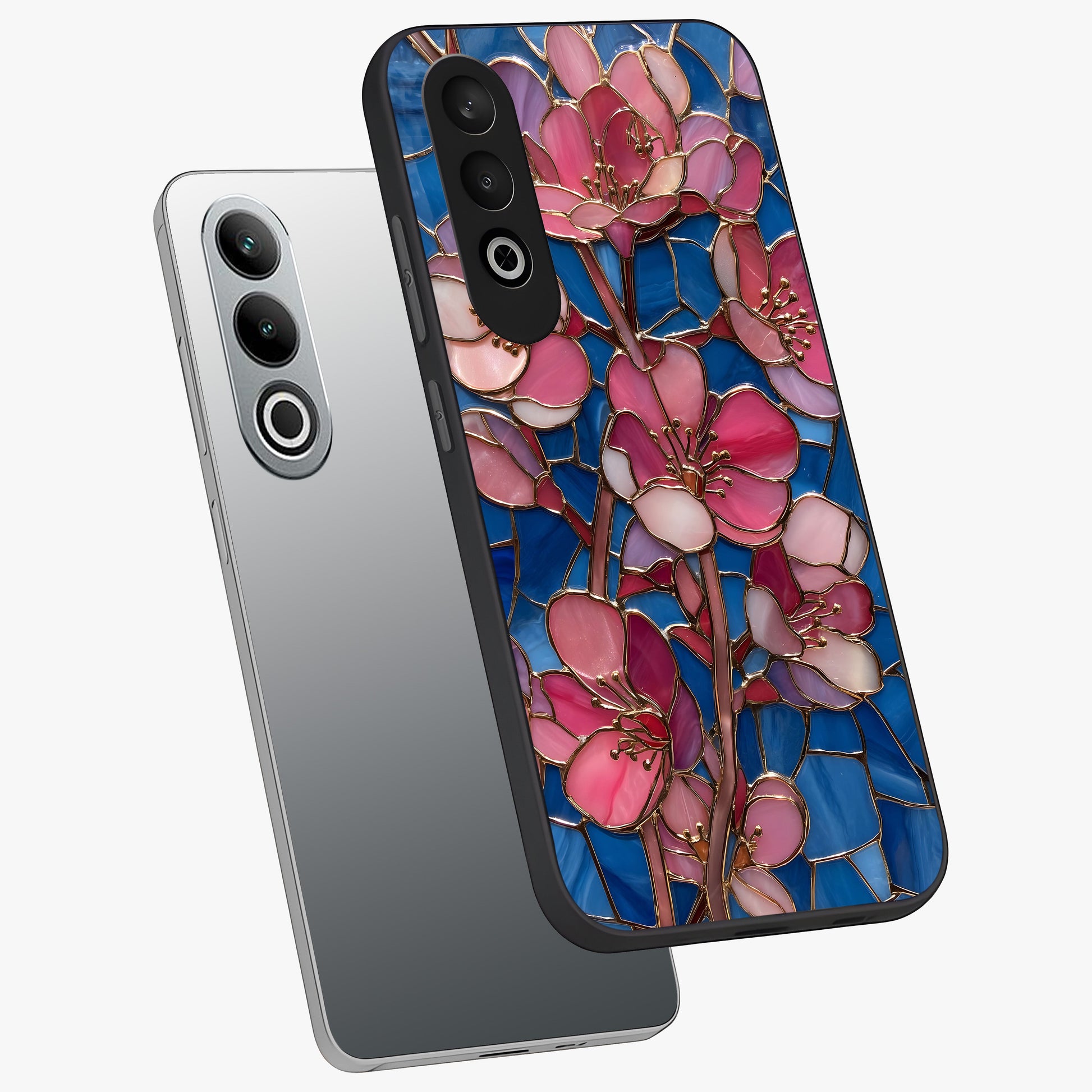 Stained Bloom Grace Glass Case for 1+Nord CE 4 angled mockup showcasing glossy finish and vibrant mosaic tones
