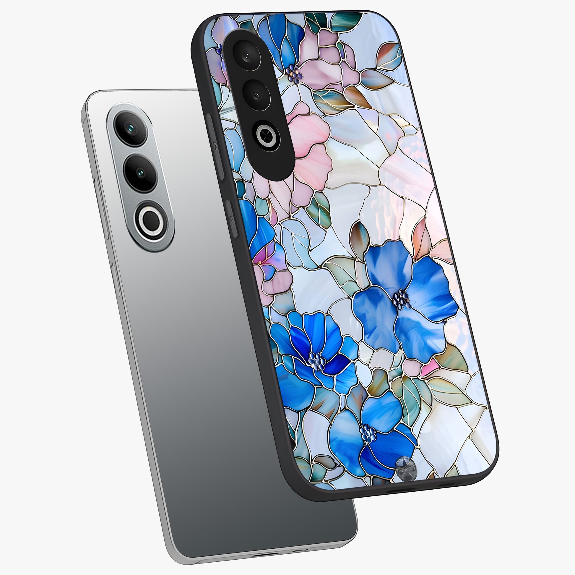 Stained Blue Floral Glass Case for 1+Nord CE 4 angled mockup showcasing glossy glass finish and rich sapphire tones