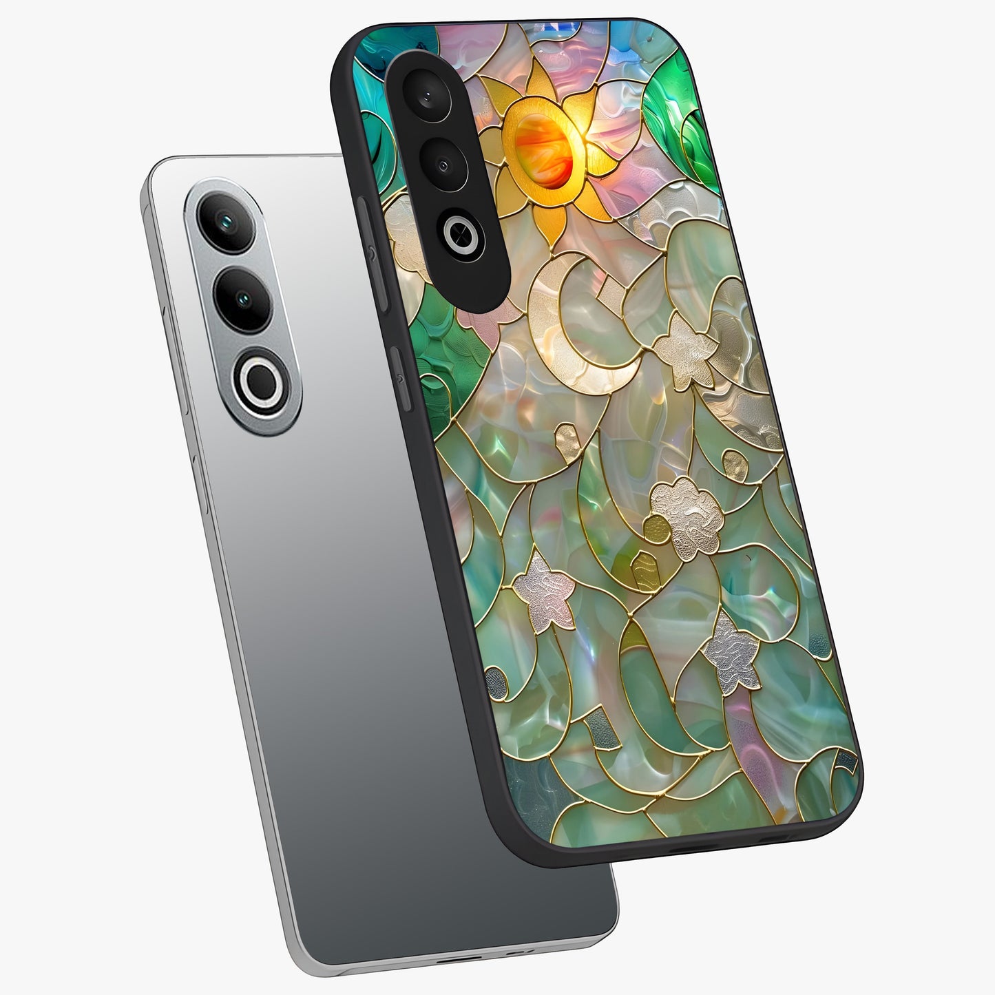 Stained Sunrise Glow Glass Case for 1+Nord CE 4 angled mockup showcasing glossy finish and warm golden gradients