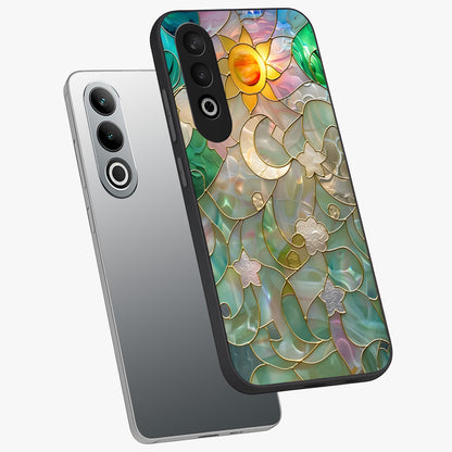 Stained Sunrise Glow Glass Case for 1+Nord CE 4 angled mockup showcasing glossy finish and warm golden gradients