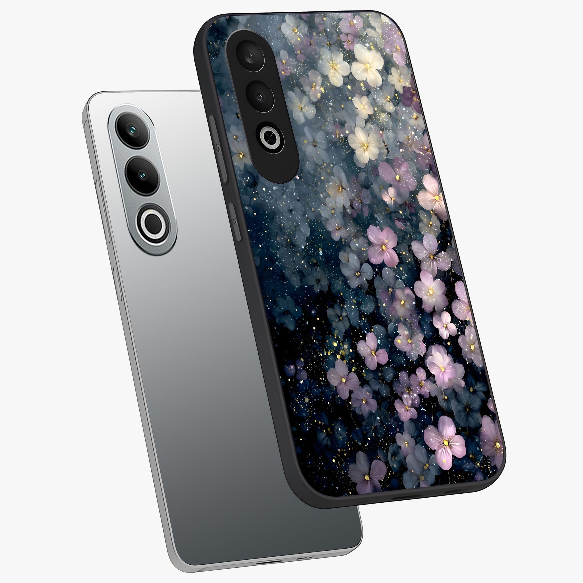 Starlit Blossom Dreams Glass Case for 1+Nord CE 4 angled mockup showcasing glossy finish and soft celestial detailing