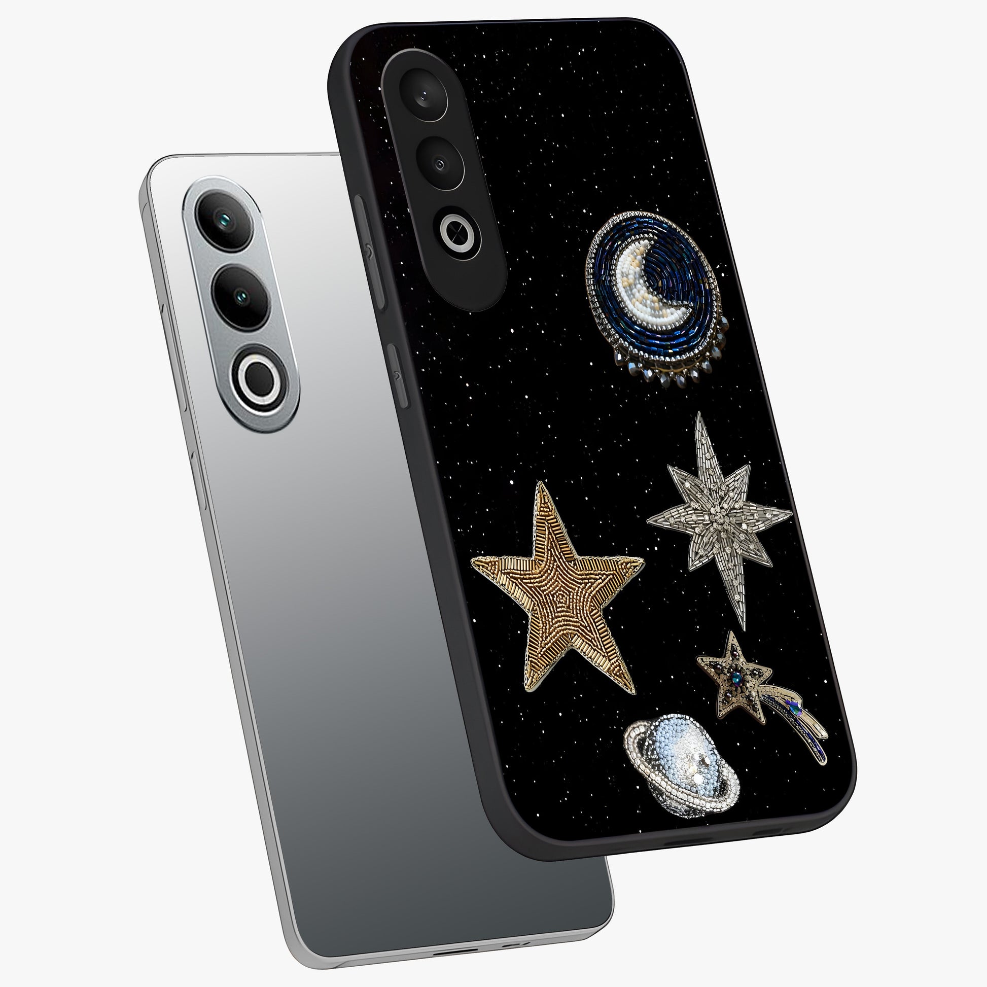 Starlit Cosmic Dreams Glass Case for 1+Nord CE 4 angled mockup showcasing glossy finish and deep space gradients