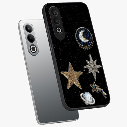 Starlit Cosmic Dreams Glass Case for 1+Nord CE 4 angled mockup showcasing glossy finish and deep space gradients