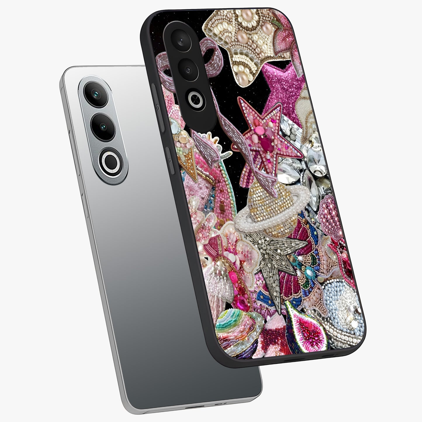 Starlit Jewel Dream Glass Case for 1+Nord CE 4 angled mockup showcasing glossy finish and radiant detailing