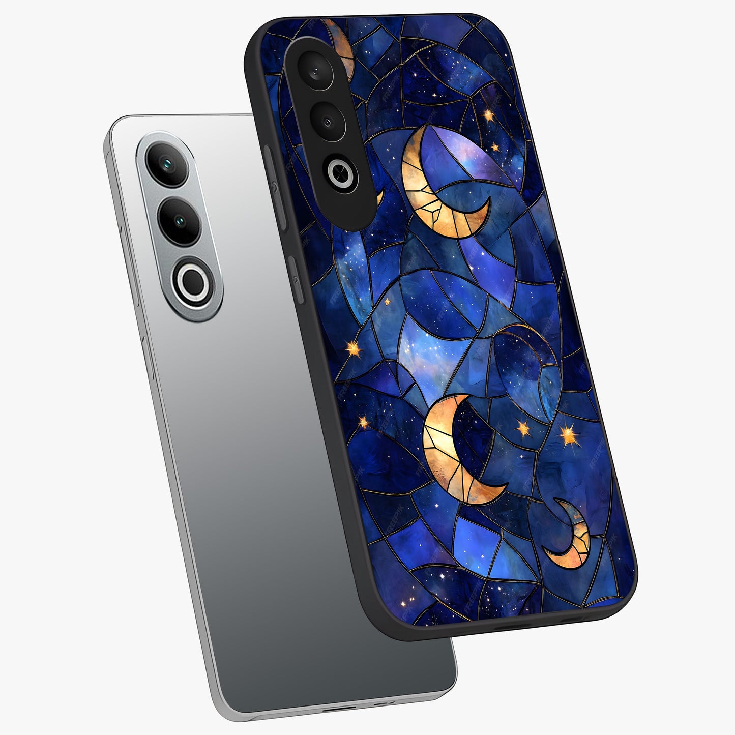 Starlit Sky Tapestry Glass Case for 1+Nord CE 4 angled mockup showcasing glossy finish and rich night tones